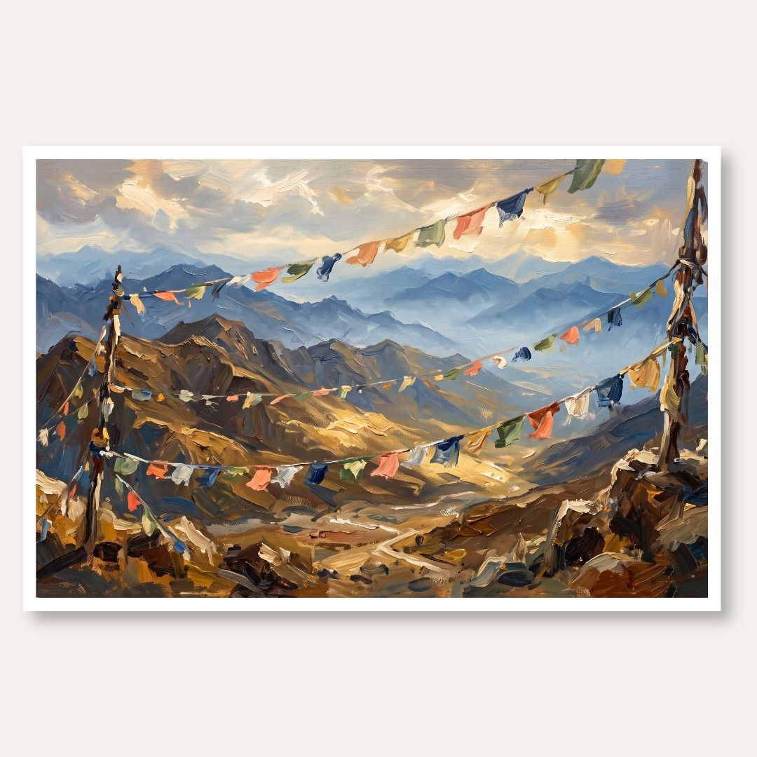 Himalayan Prayer Flags | Buddhist Wall Art 3 : 2 Horizontal Premium Wall Art Canvas by MeriDeewar