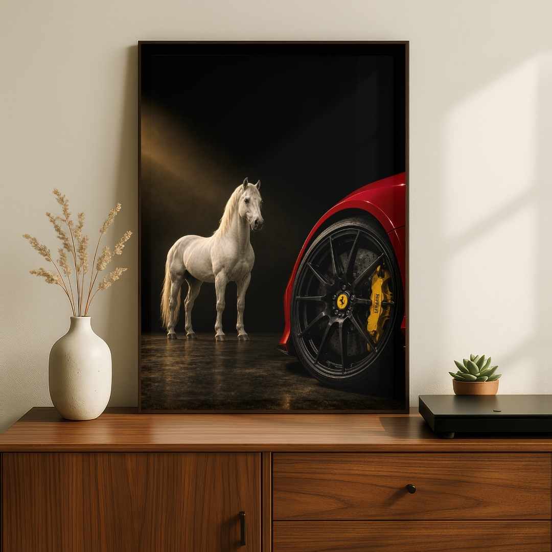 "Horse and Supercar" Automotive Art Poster | Vertical Borderless Art Frame Poster Premium Wall Art Canvas by MeriDeewar