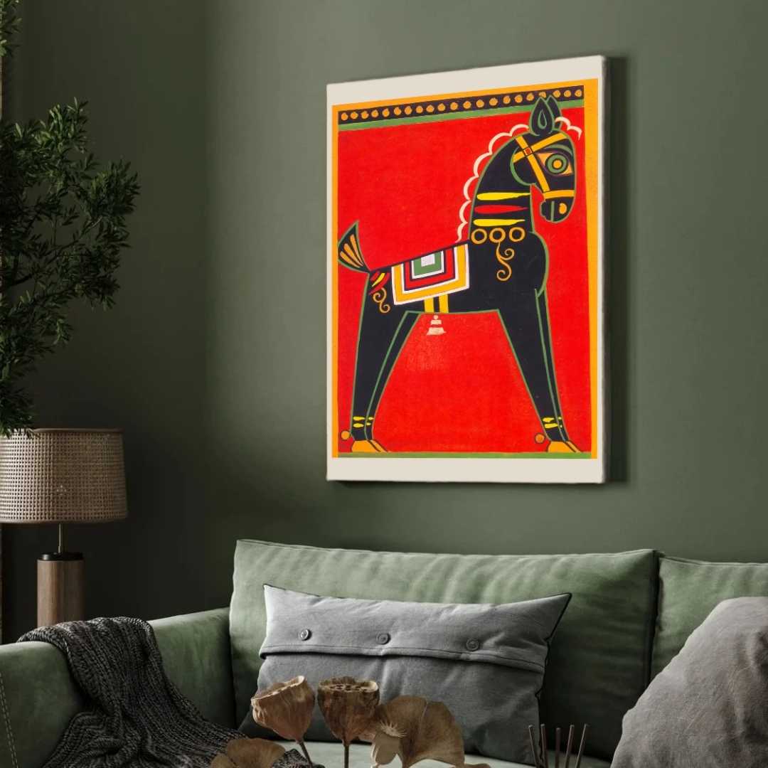 Horse Painting for Living Room | Jamini Roy Folk Art | MeriDeewar Wall Art 2 : 3 Vertical Premium Wall Art Canvas by MeriDeewar