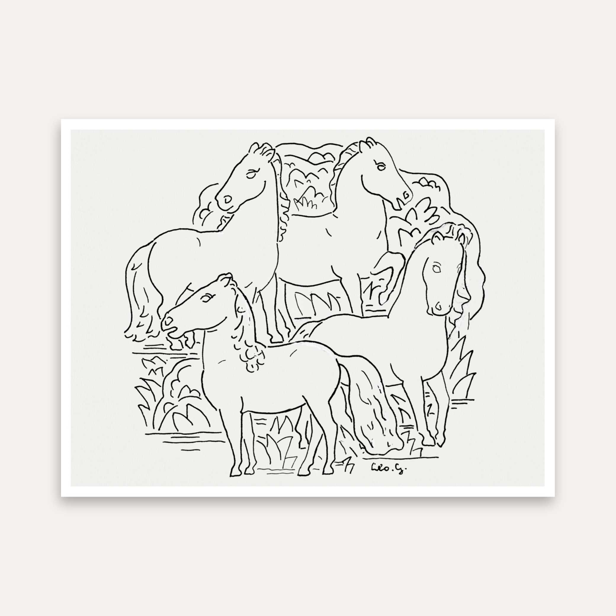 Horse Painting for Living Room | Line Art 4 Horses Wall Art | Vastu Horse Decor | MeriDeewar 5 : 4 Horizontal Premium Wall Art Canvas by MeriDeewar