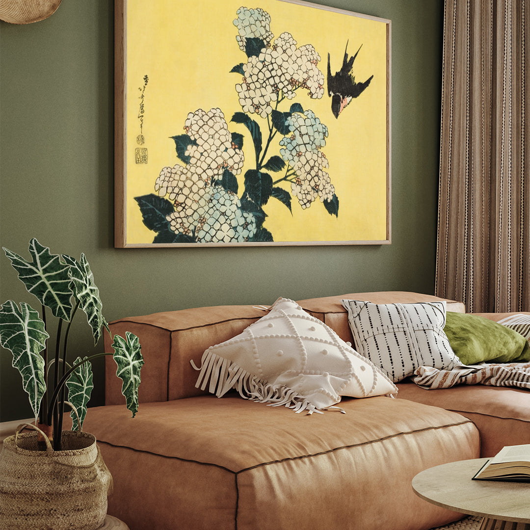 Hydrangea and Swallow Painting By Katsushika Hokusai 3 : 4 Horizontal New Premium Wall Art Canvas by MeriDeewar