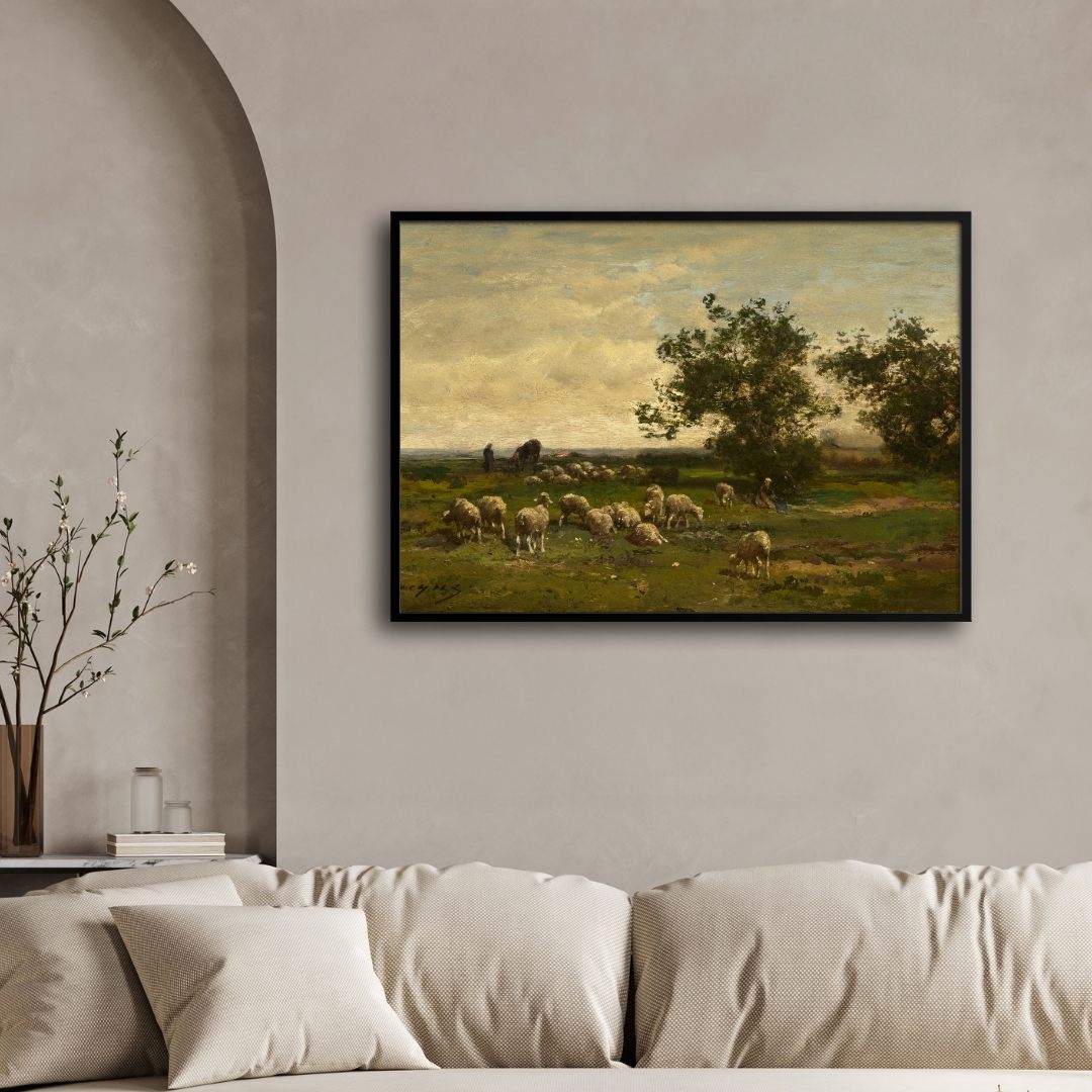 Idyllic Countryside: Sheep in Landscape Canvas Painting 2 : 3 Horizontal Premium Wall Art Canvas by MeriDeewar