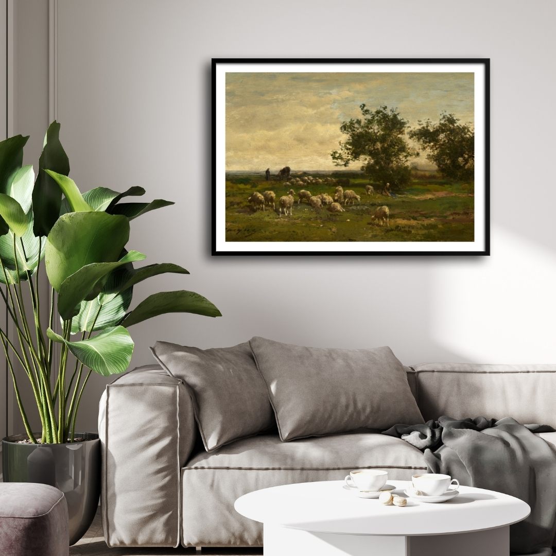 Idyllic Countryside: Sheep in Landscape Canvas Painting 2 : 3 Horizontal Premium Wall Art Canvas by MeriDeewar