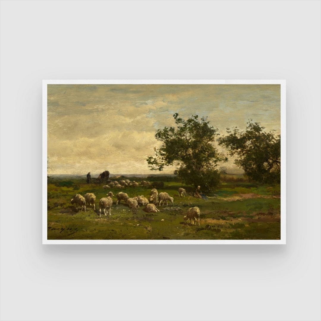 Idyllic Countryside: Sheep in Landscape Canvas Painting 2 : 3 Horizontal Premium Wall Art Canvas by MeriDeewar