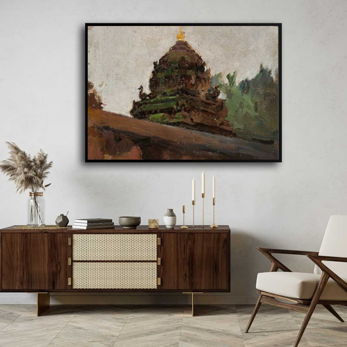 Impressionist Ancient Stone Temple Oil Painting | Horizontal Framed Print 4 : 3 Horizontal Premium Wall Art Canvas by MeriDeewar