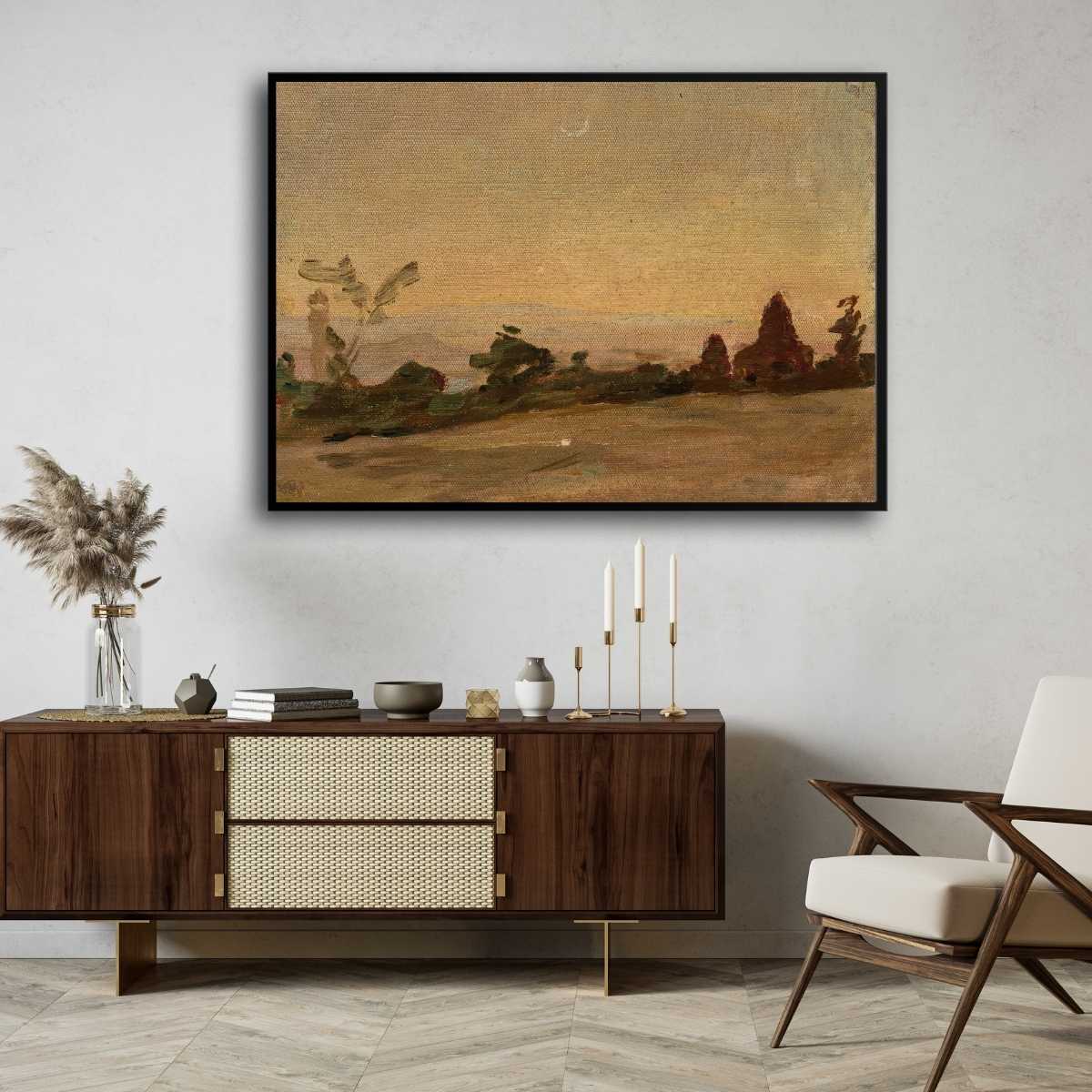 Impressionist Golden Hour Landscape Oil Painting | Horizontal Framed Print 4 : 3 Horizontal Premium Wall Art Canvas by MeriDeewar