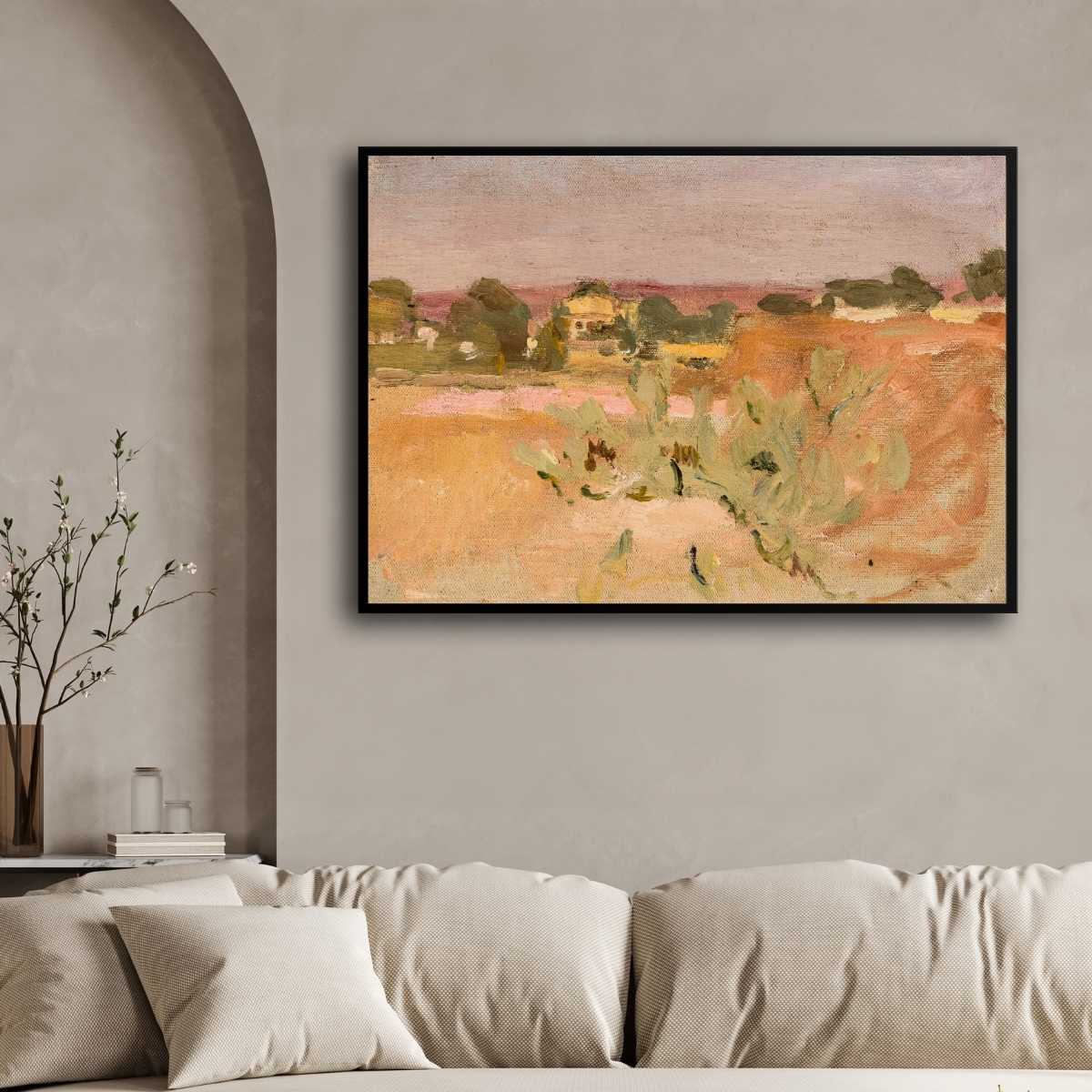Impressionist Golden Rural Landscape Oil Painting | Horizontal Framed Print 4 : 3 Horizontal Premium Wall Art Canvas by MeriDeewar