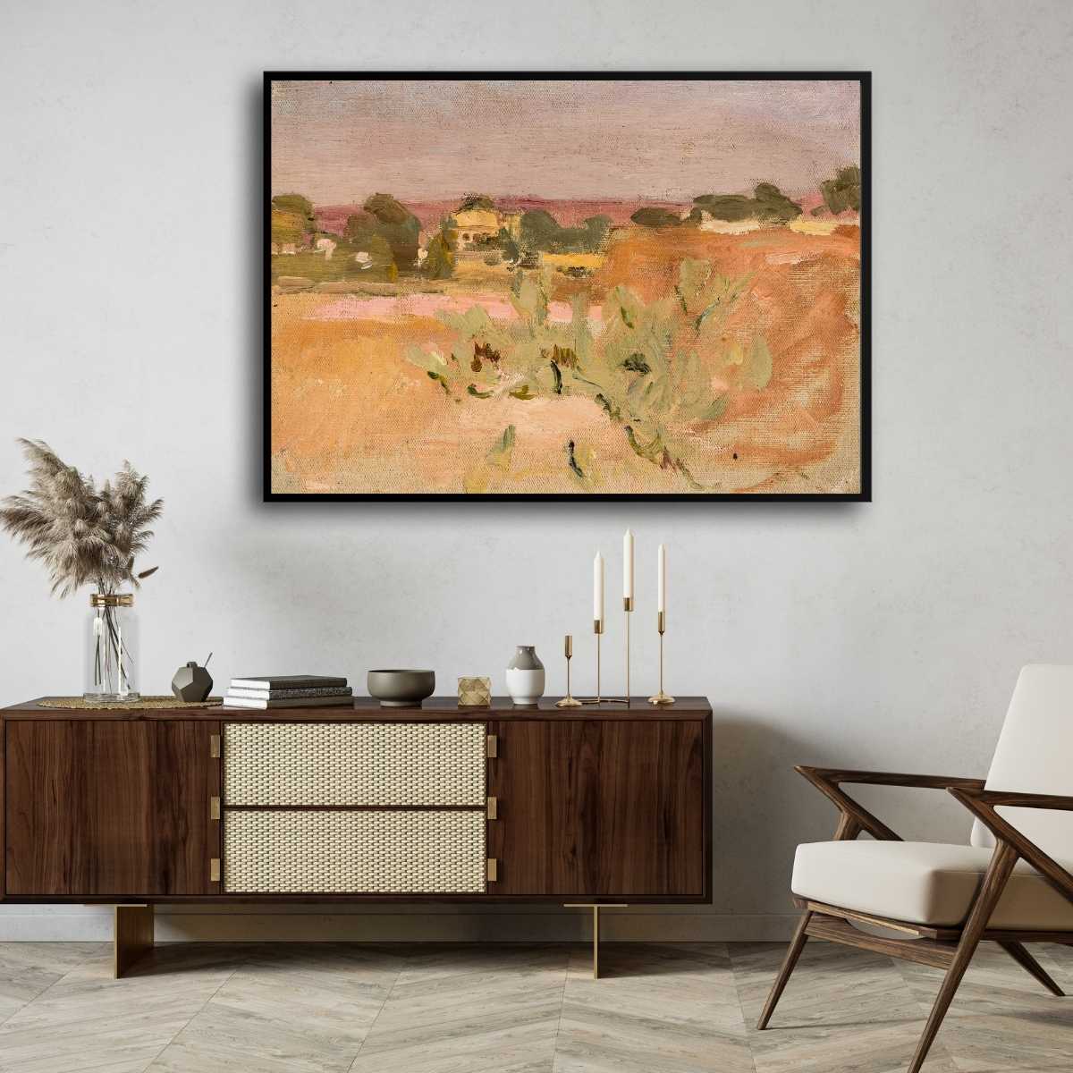 Impressionist Golden Rural Landscape Oil Painting | Horizontal Framed Print 4 : 3 Horizontal Premium Wall Art Canvas by MeriDeewar