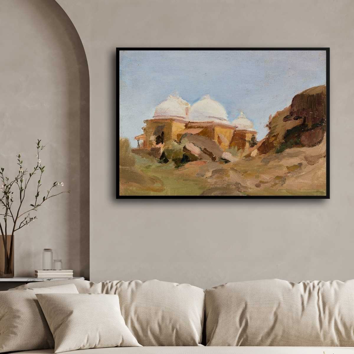 Impressionist Indian Domed Architecture Oil Painting | Horizontal Black Framed Print 4 : 3 Horizontal Premium Wall Art Canvas by MeriDeewar