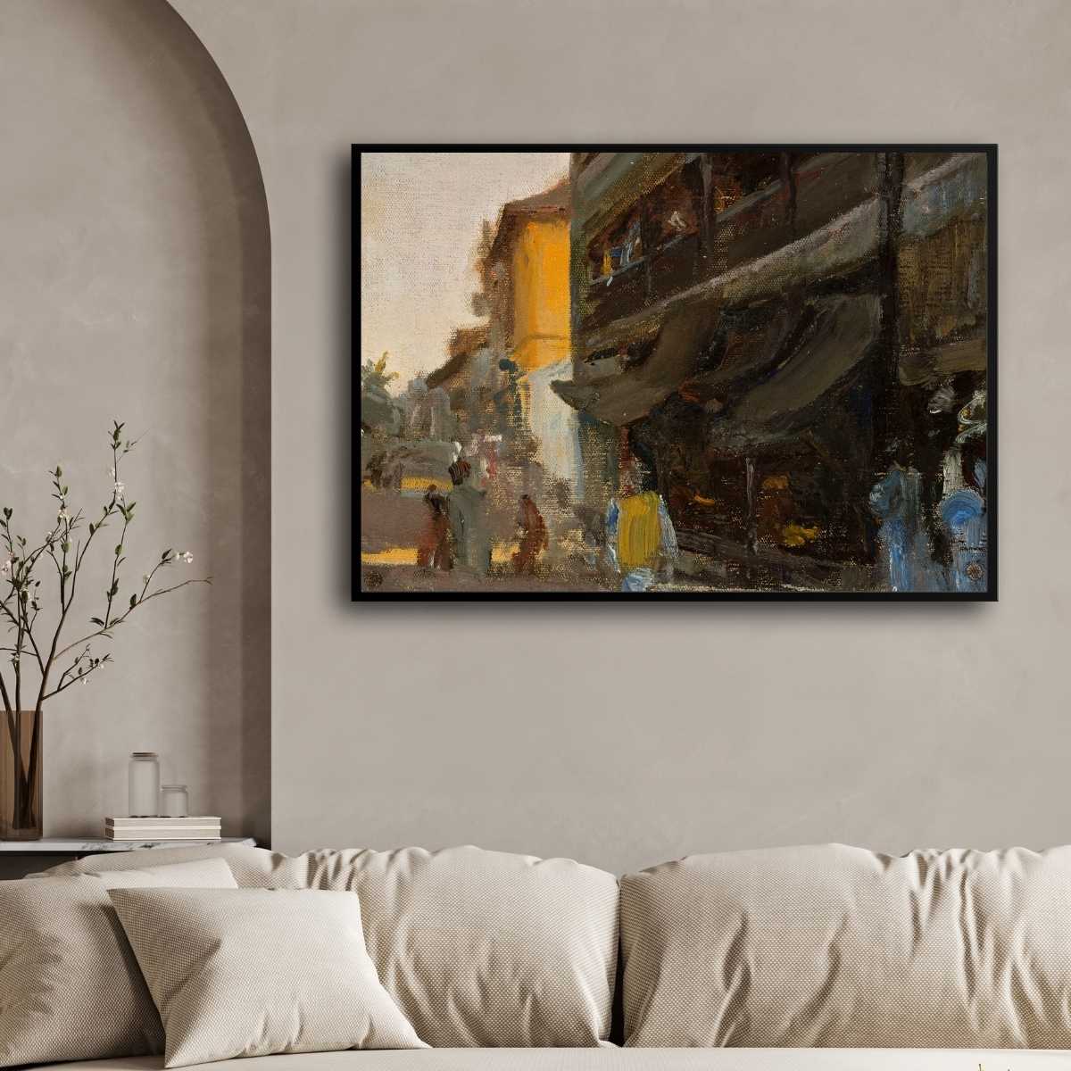 Impressionist Indian Old City Street Oil Painting | Horizontal Framed Print 4 : 3 Horizontal Premium Wall Art Canvas by MeriDeewar