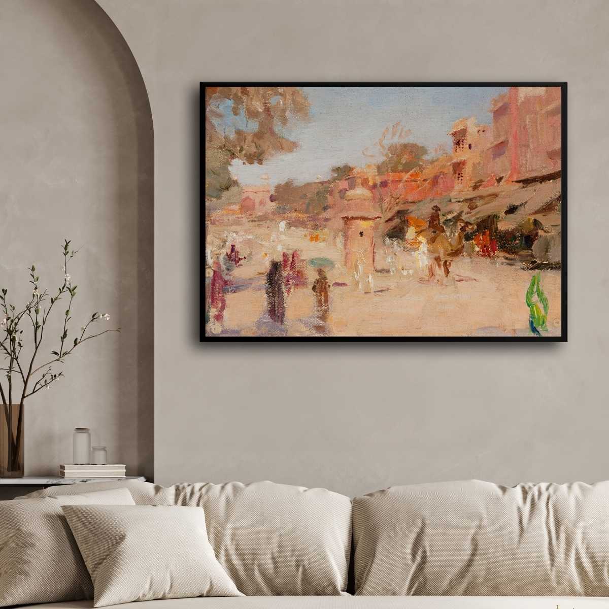 Impressionist Indian Pink City Bazaar Oil Painting | Horizontal Framed Print 4 : 3 Horizontal Premium Wall Art Canvas by MeriDeewar
