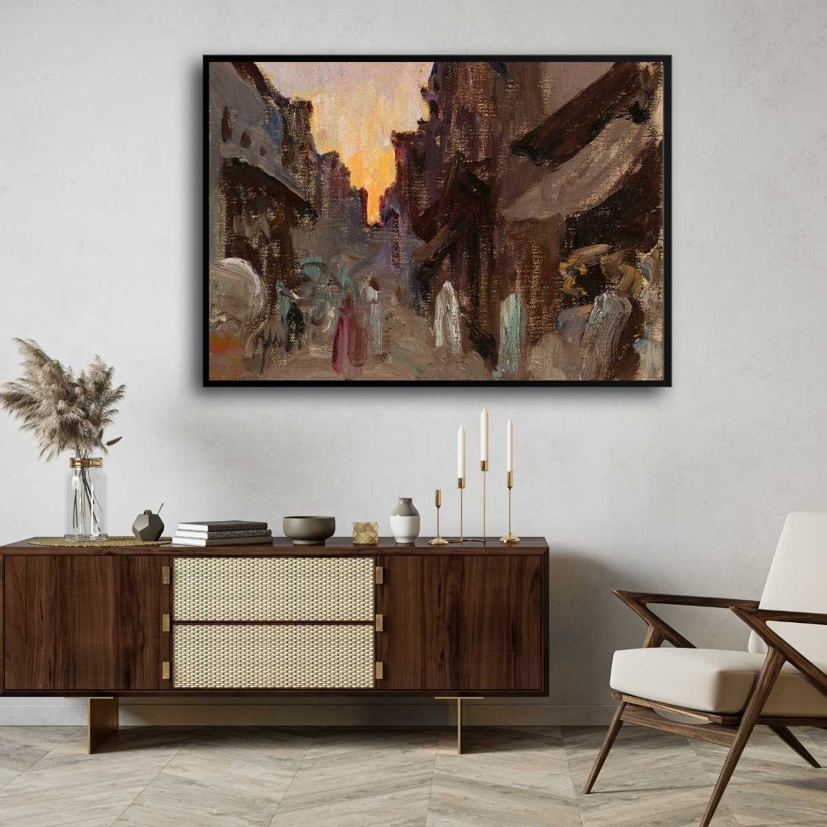 Impressionist Indian Street Sunset Oil Painting | Horizontal Framed Print 4 : 3 Horizontal Premium Wall Art Canvas by MeriDeewar