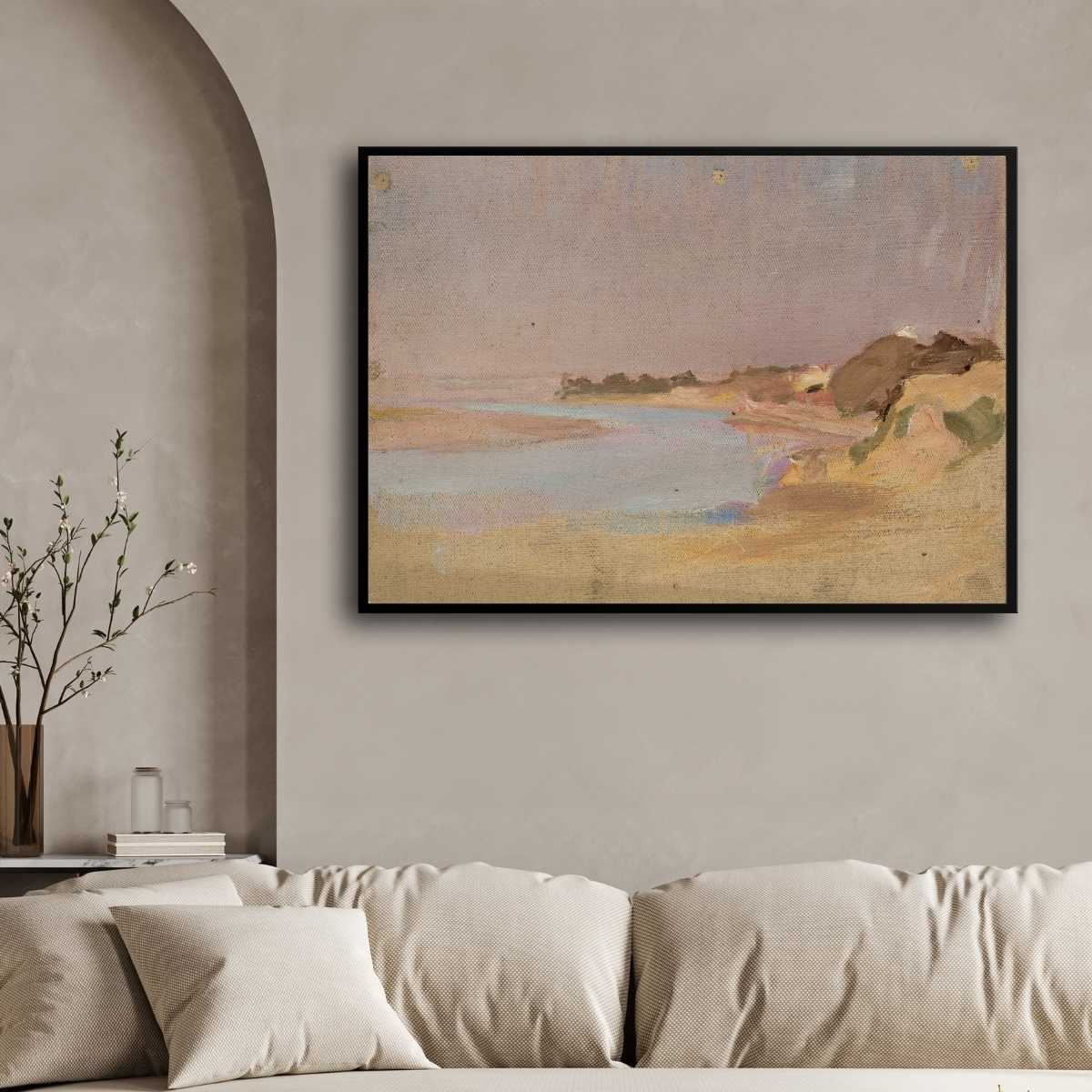 Impressionist Pastel River Landscape Oil Painting | Horizontal Framed Print 4 : 3 Horizontal Premium Wall Art Canvas by MeriDeewar