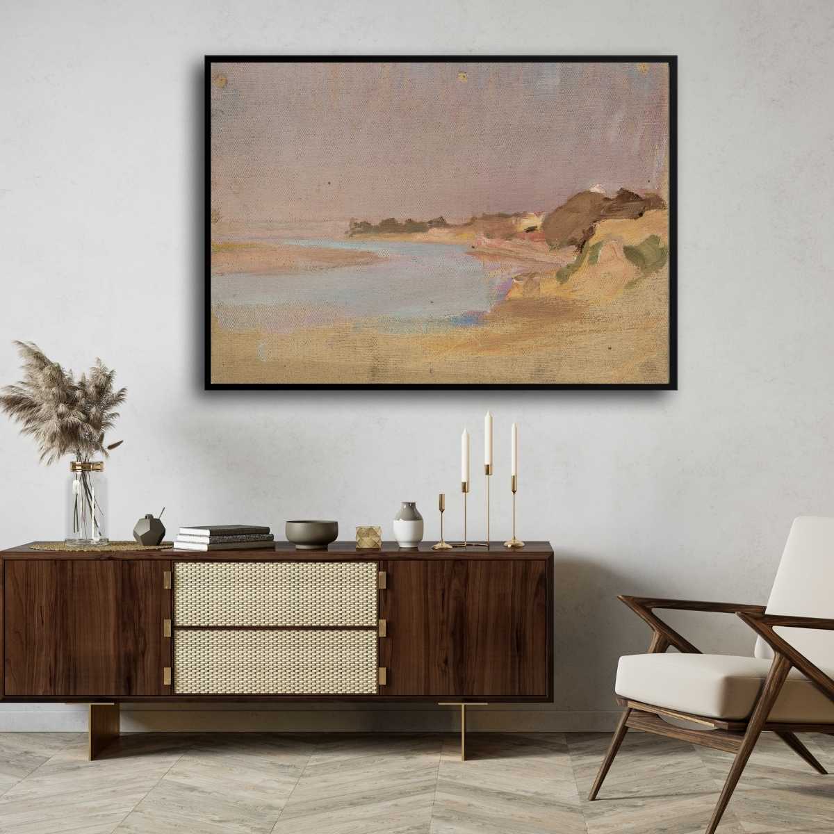 Impressionist Pastel River Landscape Oil Painting | Horizontal Framed Print 4 : 3 Horizontal Premium Wall Art Canvas by MeriDeewar