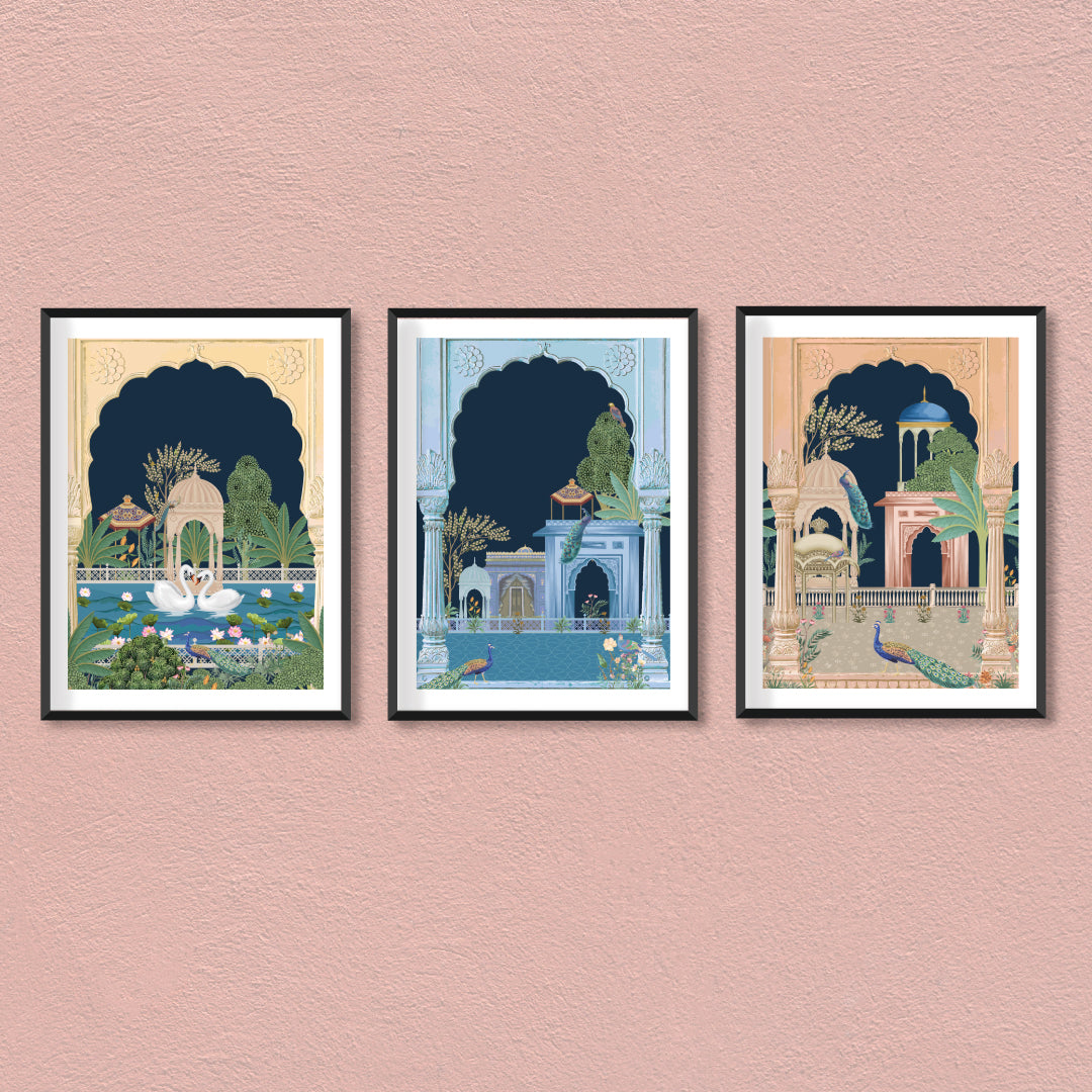 Indian Classical Royal Art Set of 3 Paintings Walls Premium Wall Art Canvas by MeriDeewar