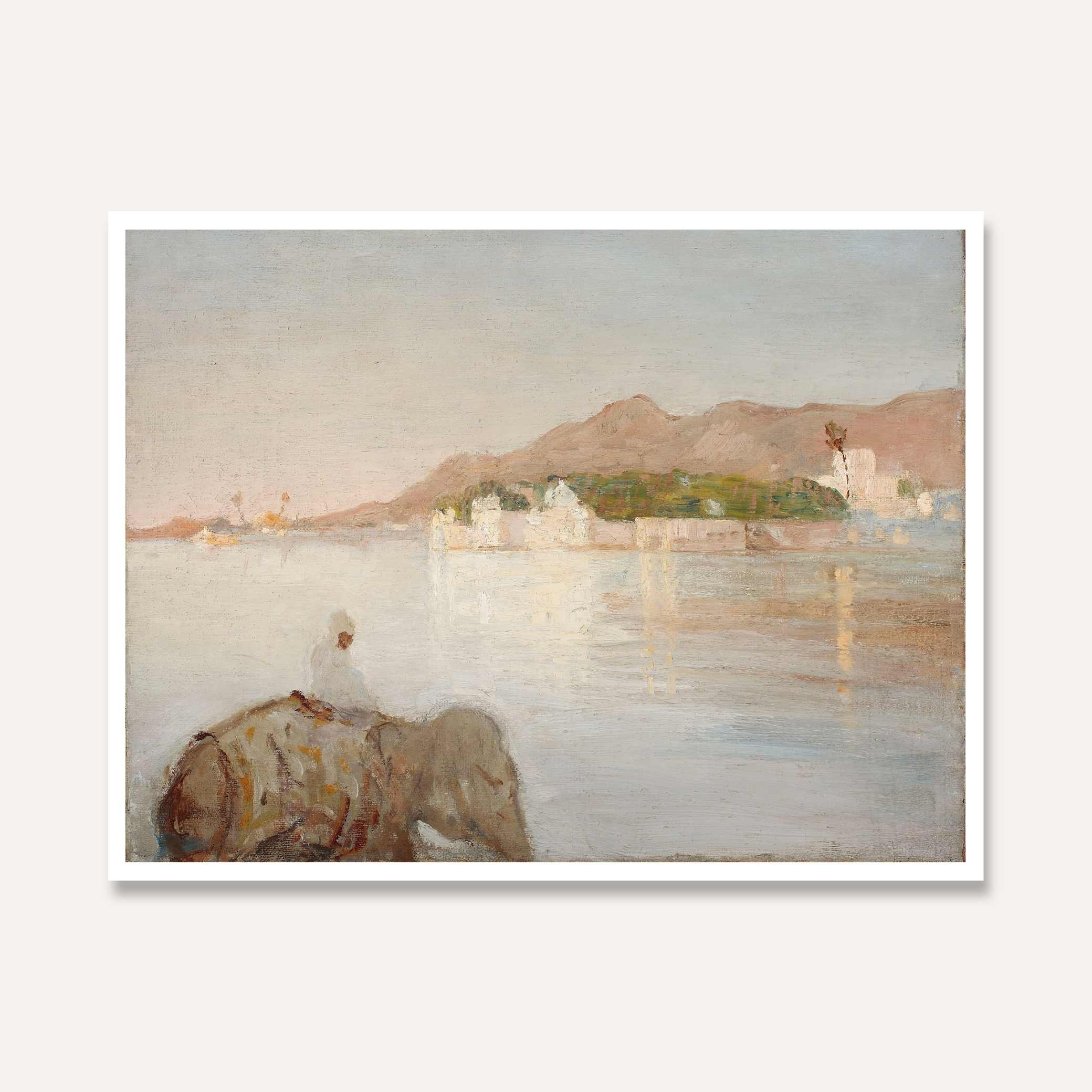 Indian Maharajah Palace & Udaipur Lake Oil Painting | Horizontal Framed Print 4 : 3 Horizontal Premium Wall Art Canvas by MeriDeewar