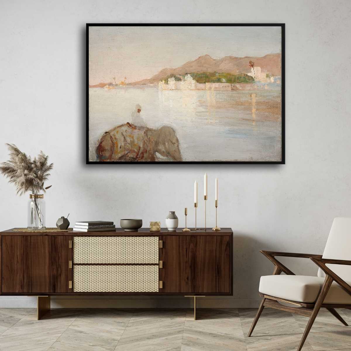 Indian Maharajah Palace & Udaipur Lake Oil Painting | Horizontal Framed Print 4 : 3 Horizontal Premium Wall Art Canvas by MeriDeewar