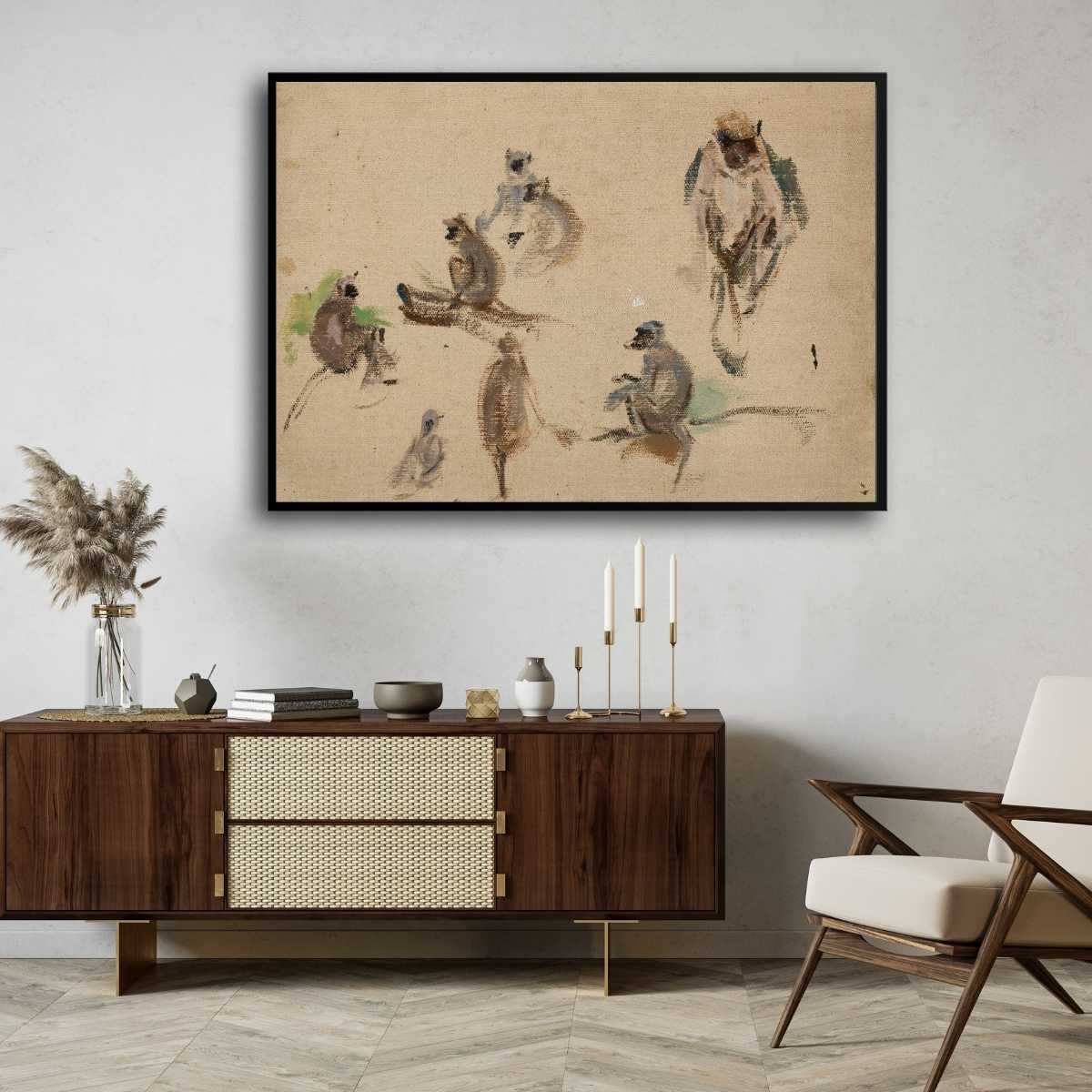 Indian Monkey Study Oil Painting | Horizontal Framed Print 4 : 3 Horizontal Premium Wall Art Canvas by MeriDeewar