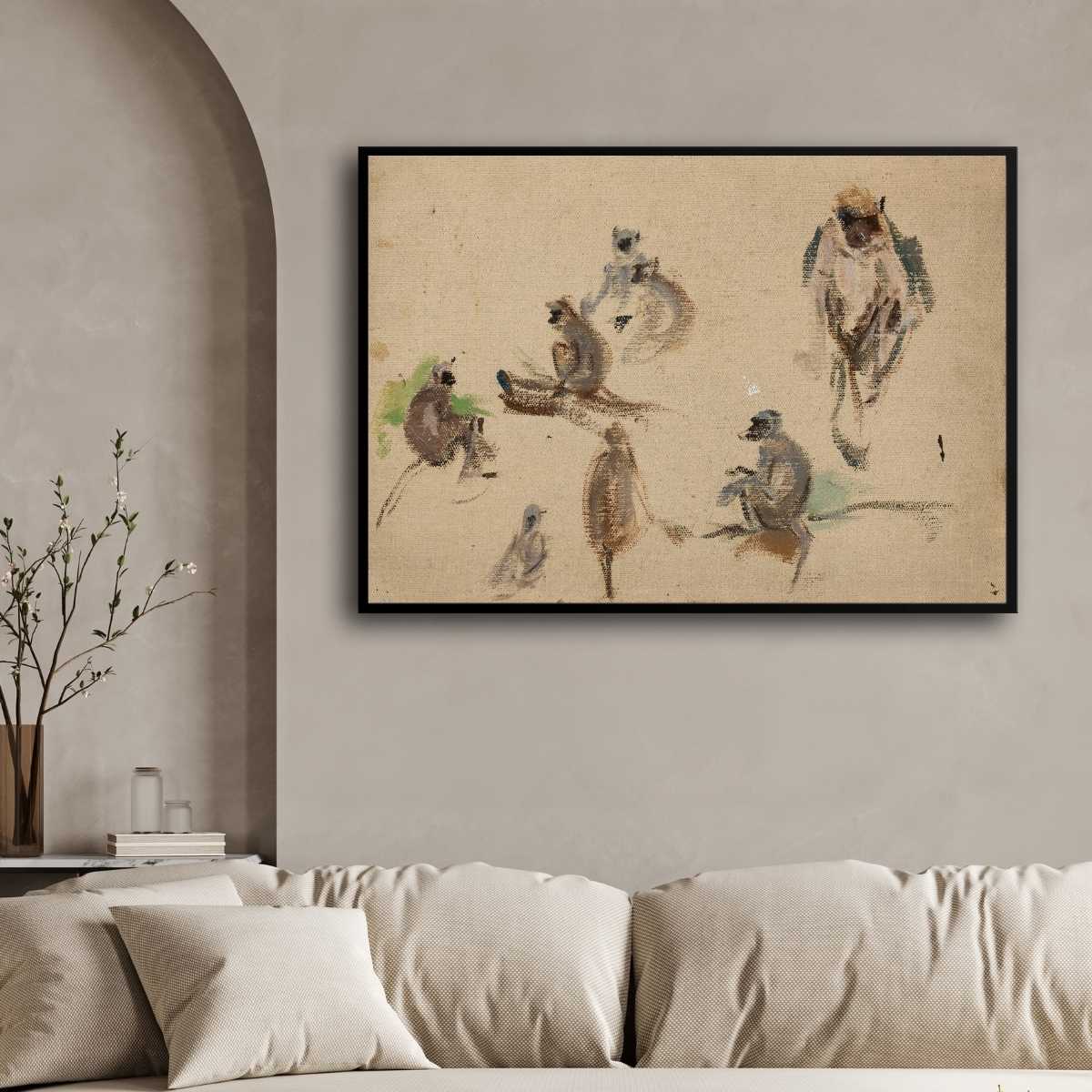Indian Monkey Study Oil Painting | Horizontal Framed Print 4 : 3 Horizontal Premium Wall Art Canvas by MeriDeewar