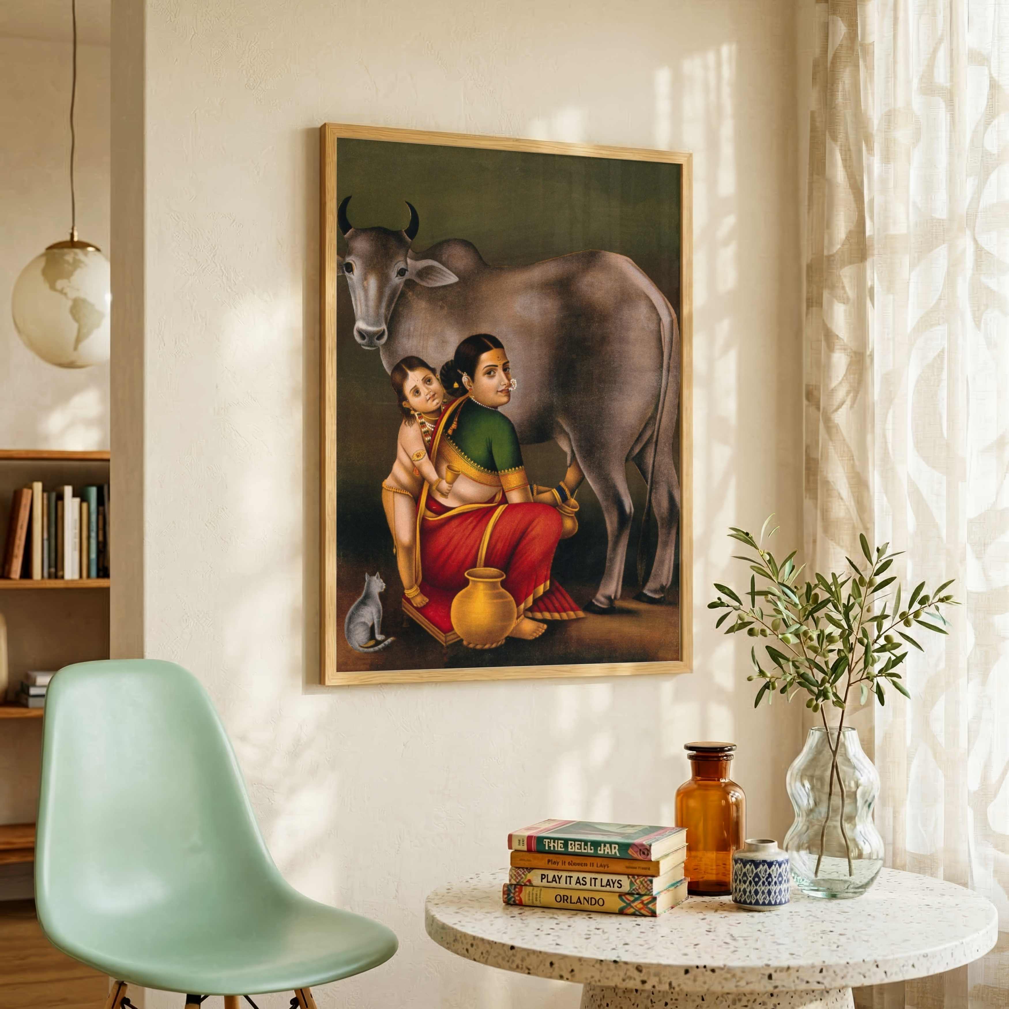 Indian Village Woman Milking Cow Painting – Raja Ravi Varma Traditional Wall Art for Living Room 2 : 3 Vertical Premium Wall Art Canvas by MeriDeewar