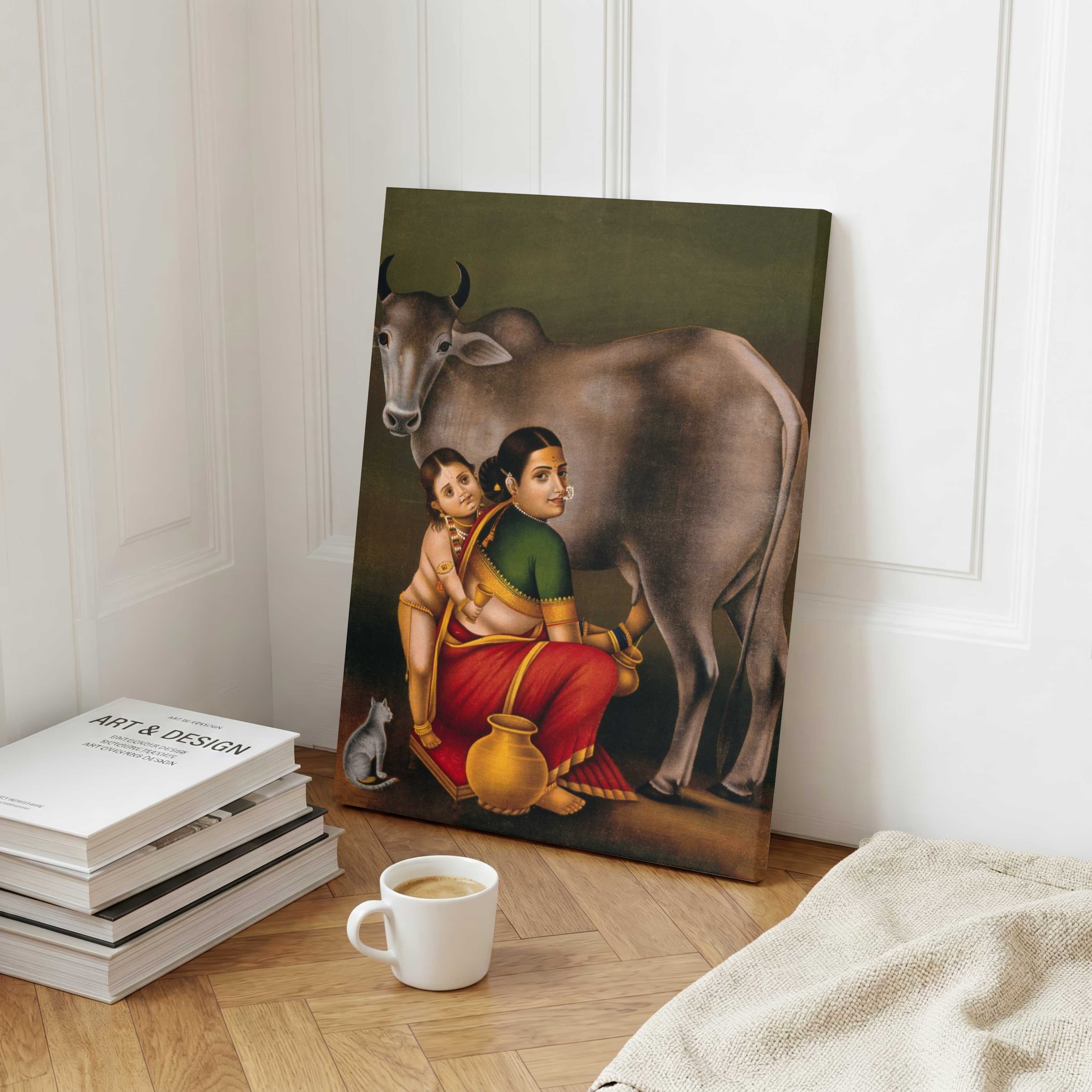 Indian Village Woman Milking Cow Painting – Raja Ravi Varma Traditional Wall Art for Living Room 2 : 3 Vertical Premium Wall Art Canvas by MeriDeewar