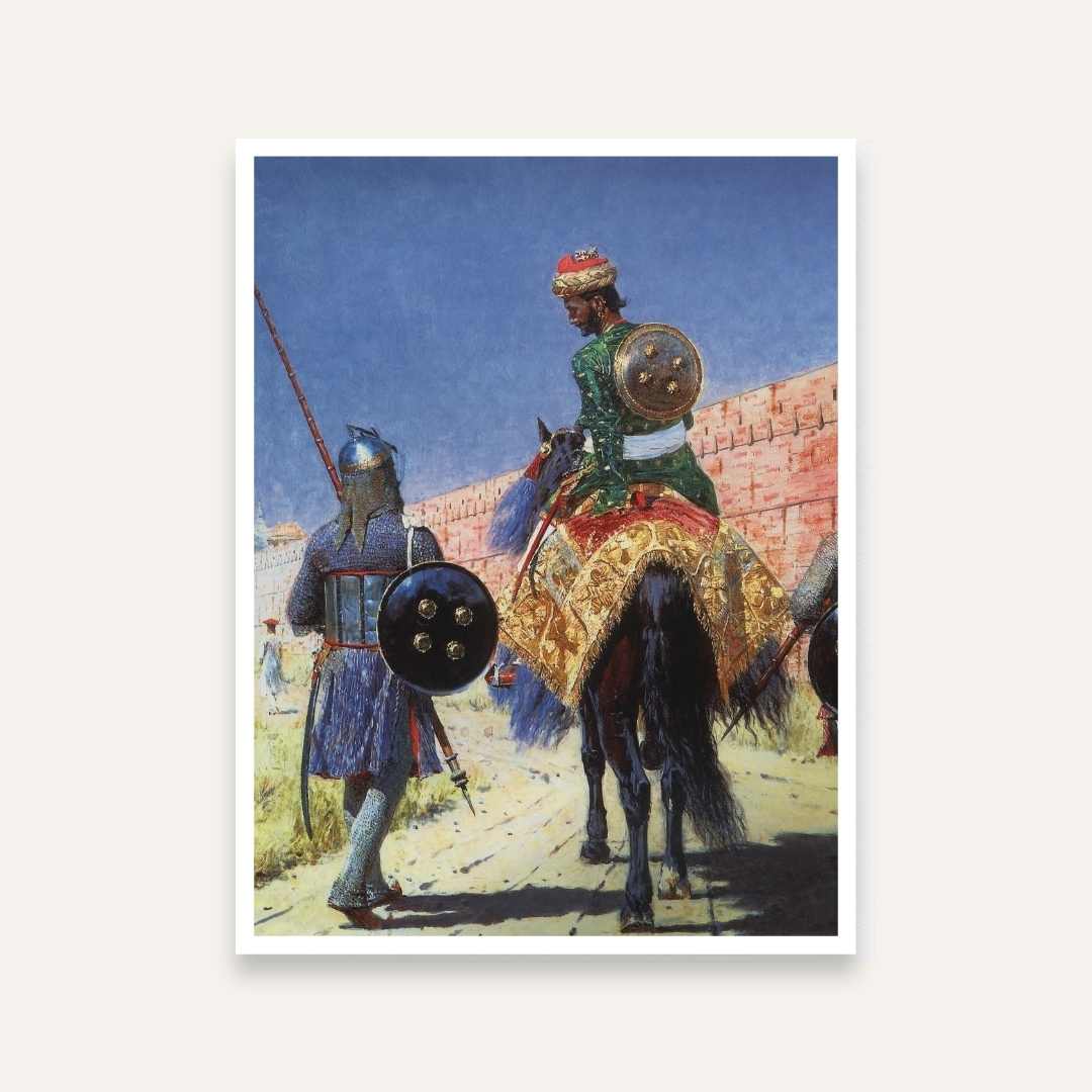 Indian Warrior on Horse Painting for Living Room | Historical Royal Wall Art | Giclée Print 3 : 4 Vertical Premium Wall Art Canvas by MeriDeewar