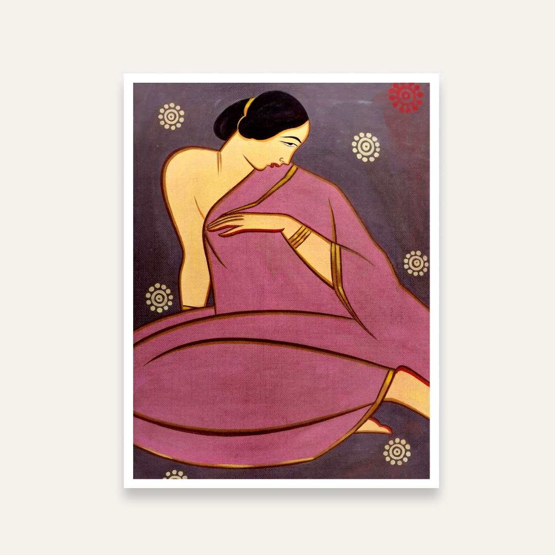 Indian Woman in Pink Sari Painting for Living Room | Jamini Roy Style Wall Art | MeriDeewar 3 : 4 Vertical Premium Wall Art Canvas by MeriDeewar