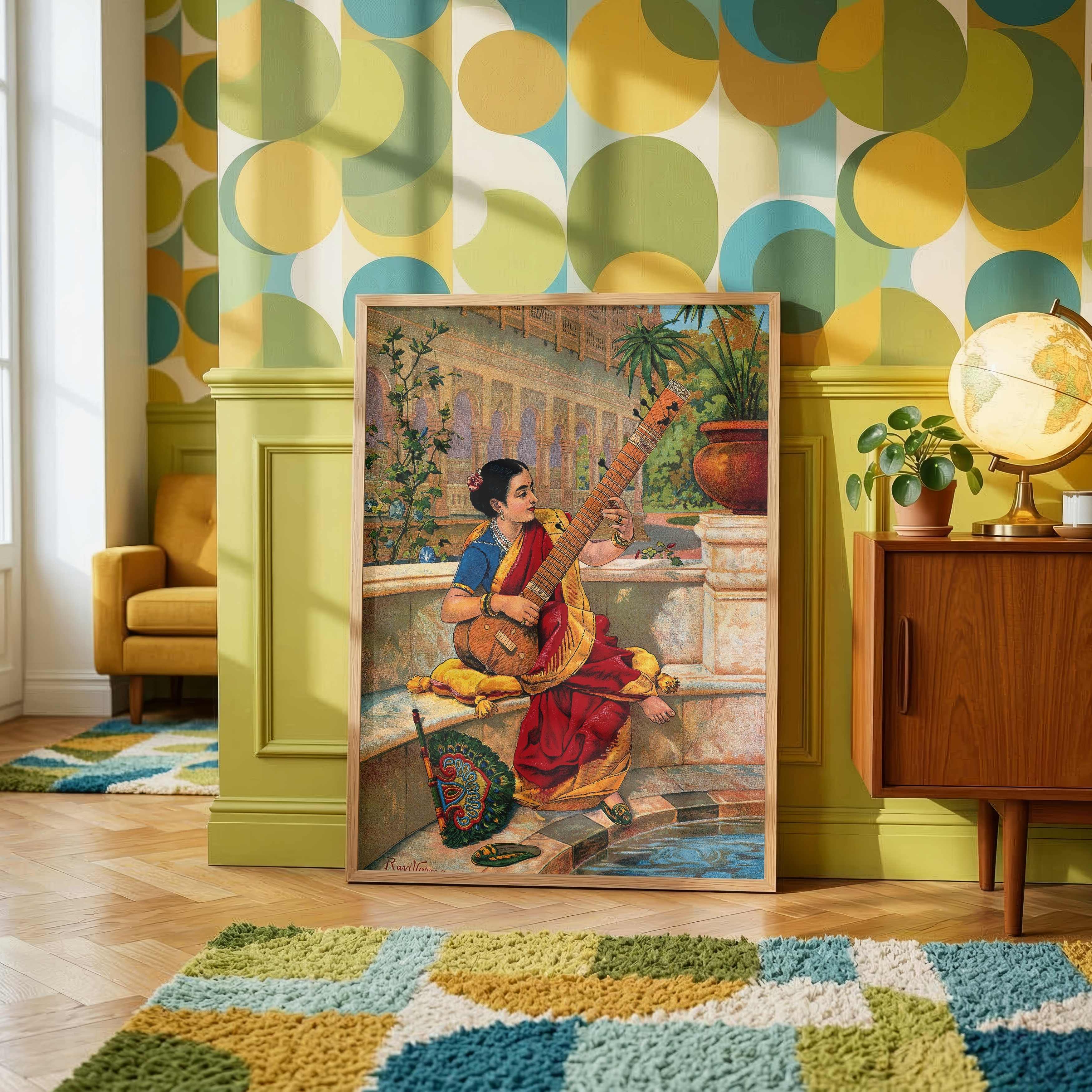 Indian Woman Playing Sitar Painting for Living Room | Raja Ravi Varma Wall Art by MeriDeewar 3 : 4 Vertical Premium Wall Art Canvas by MeriDeewar