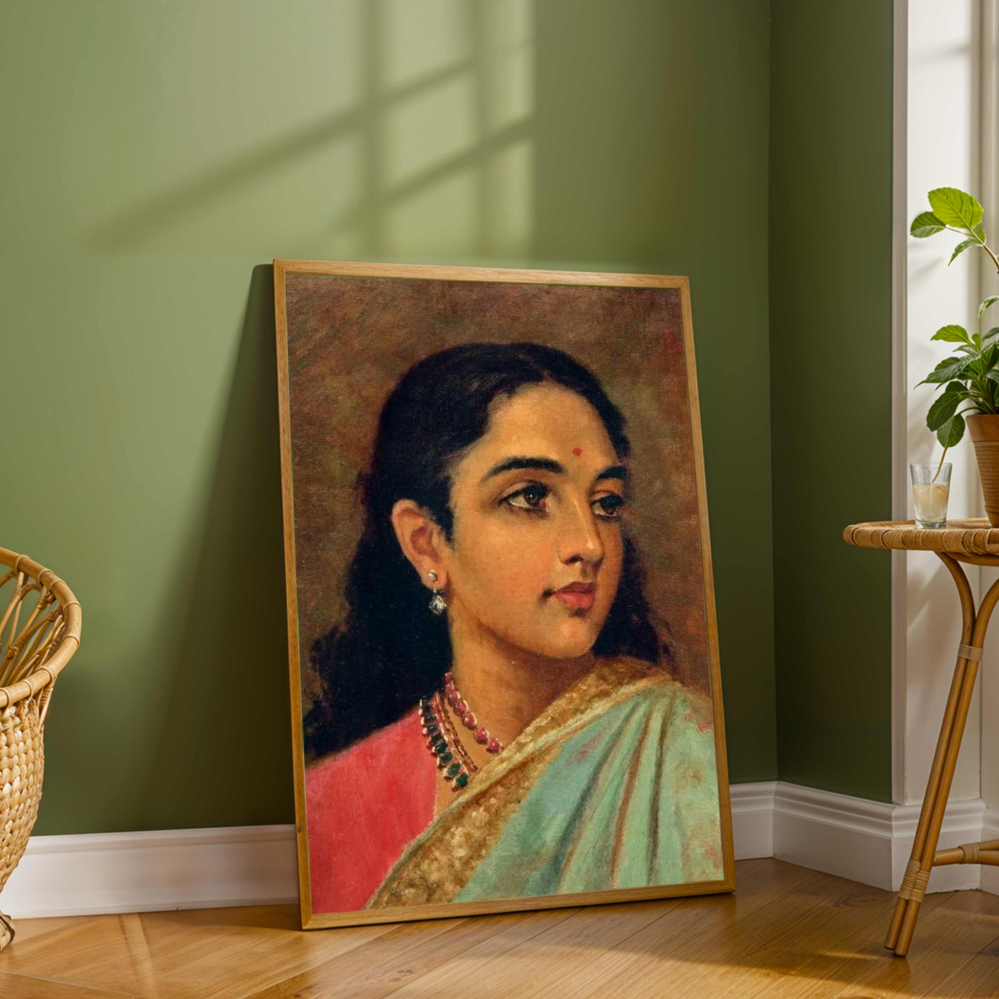 Indian Woman Portrait Painting – Raja Ravi Varma Style Wall Art for Living Room | MeriDeewar 3 : 4 Vertical Premium Wall Art Canvas by MeriDeewar