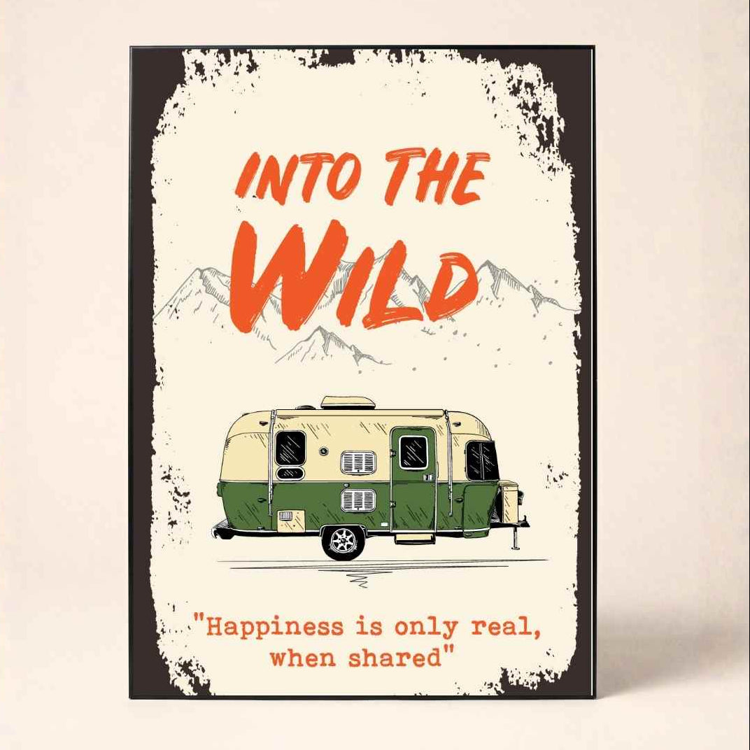 "Into the Wild" Vintage Camper Poster | Vertical Borderless Art Frame Poster Premium Wall Art Canvas by MeriDeewar