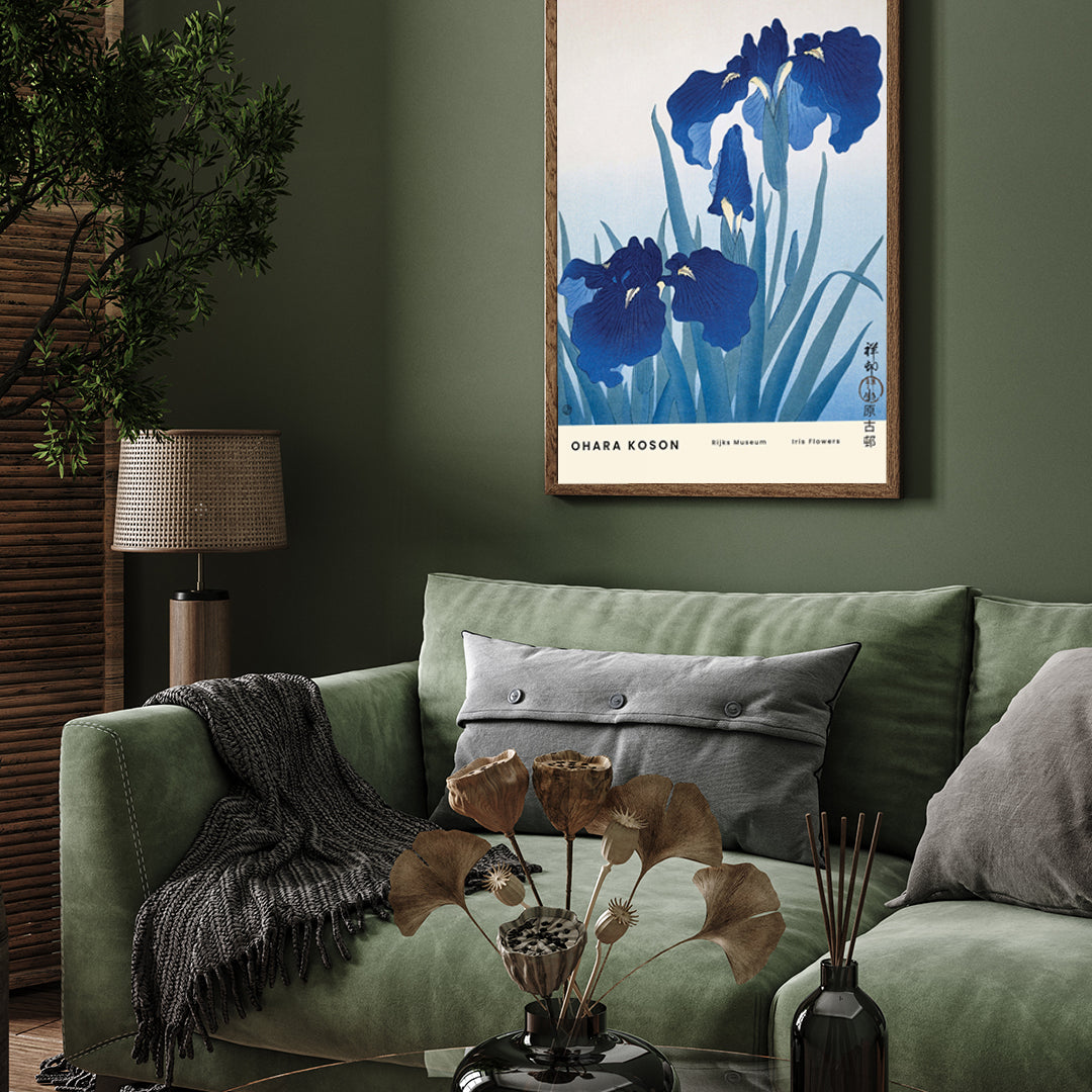 Iris Blue Flowers Poster by Ohara Koson 3 : 4 Vertical New Premium Wall Art Canvas by MeriDeewar