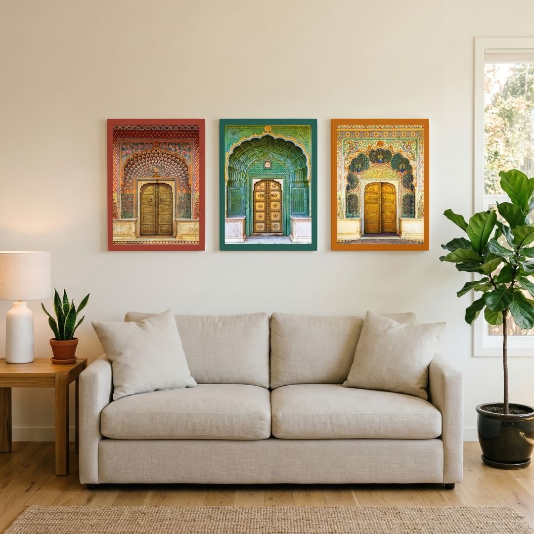 Jaipur Dwarika | Jaipur City Palace Gates Set of 3 Vertical Canvas Curate Premium Wall Art Canvas by MeriDeewar