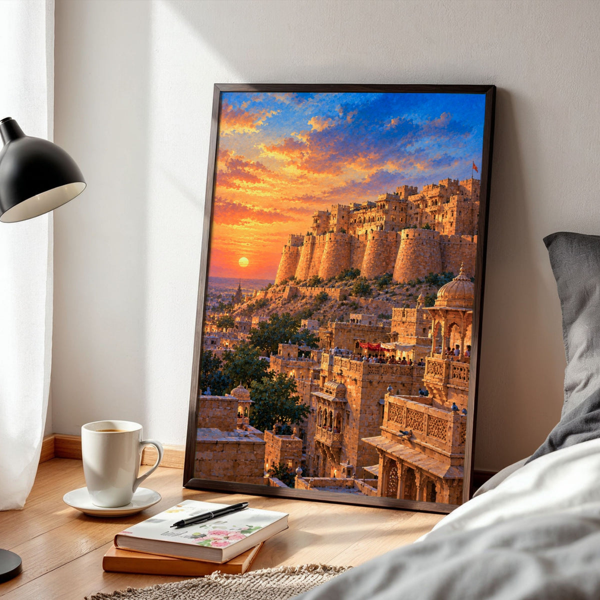 Jaisalmer Fort | Sunset Rajasthan Desert Citadel Gallery Wrap Canvas Curate Black Premium Wall Art Canvas by MeriDeewar