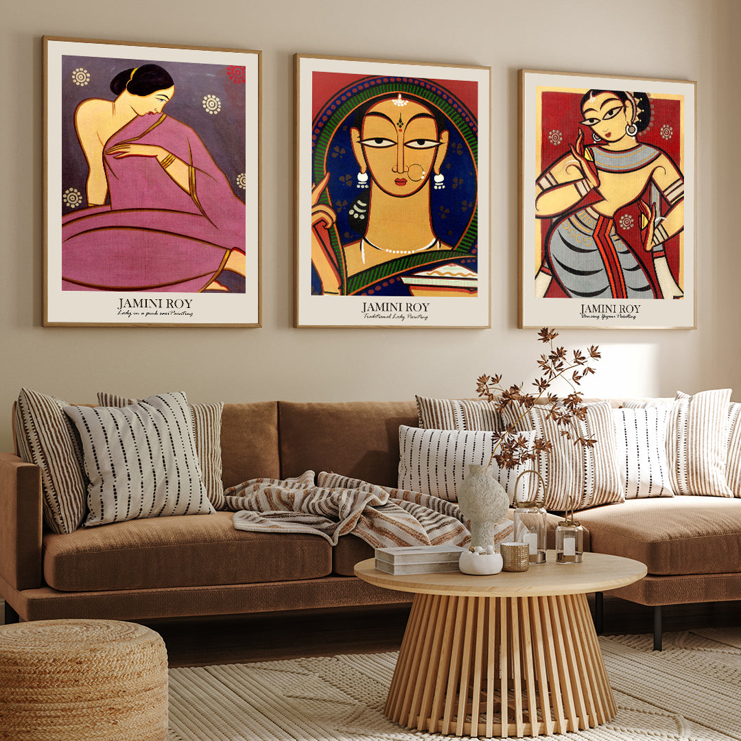 Jamini Roy Paintings Set Of 3 Walls Premium Wall Art Canvas by MeriDeewar
