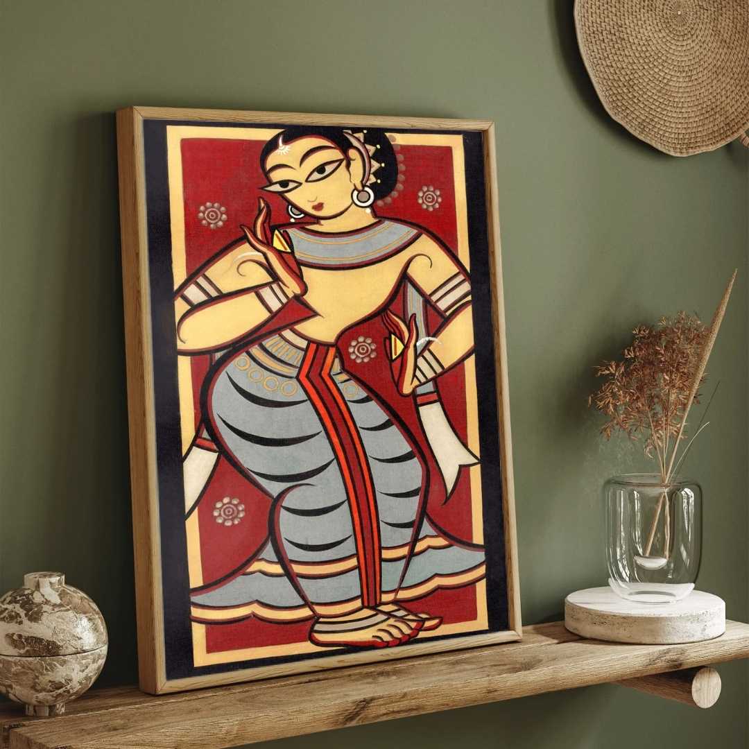 Jamini Roy Style Dancing Woman Painting for Living Room | Indian Folk Art Wall Decor 2 : 3 Vertical Premium Wall Art Canvas by MeriDeewar