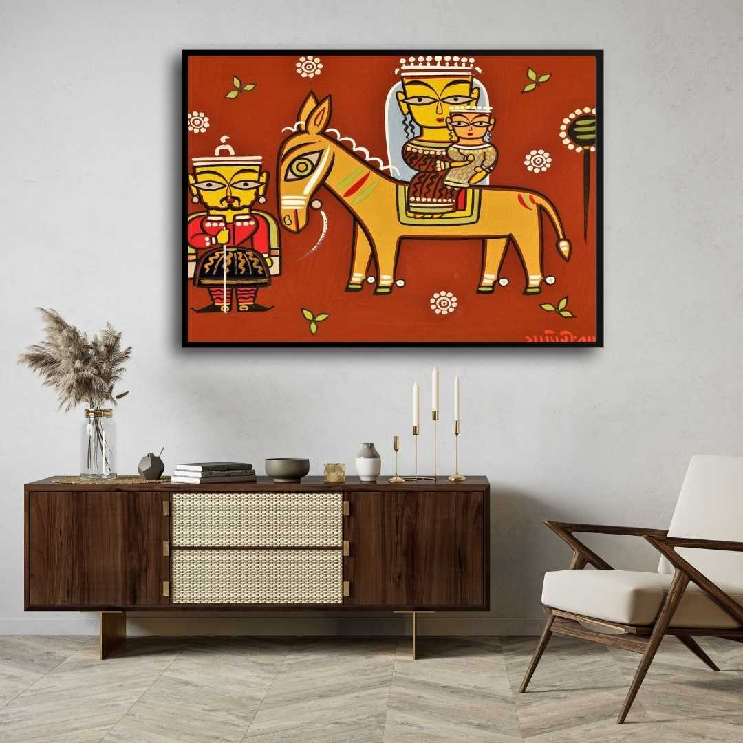 Jamini Roy Style Folk Art Painting for Living Room – Indian Traditional Wall Art | MeriDeewar 3 : 2 Horizontal Premium Wall Art Canvas by MeriDeewar