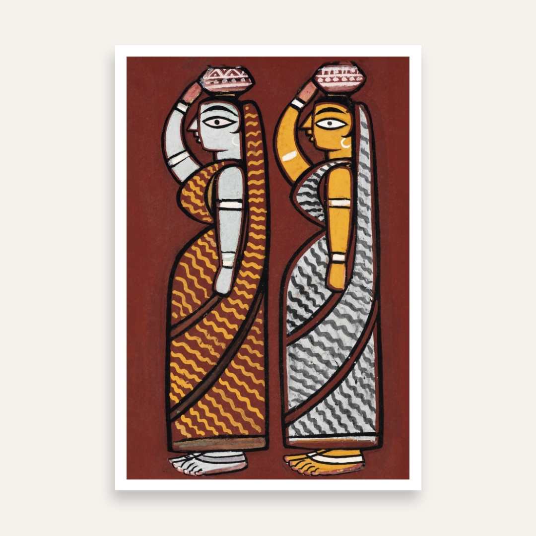 Jamini Roy Style Folk Art Painting for Living Room – Two Ladies with Pots | Wall Art India 2 : 3 Vertical Premium Wall Art Canvas by MeriDeewar