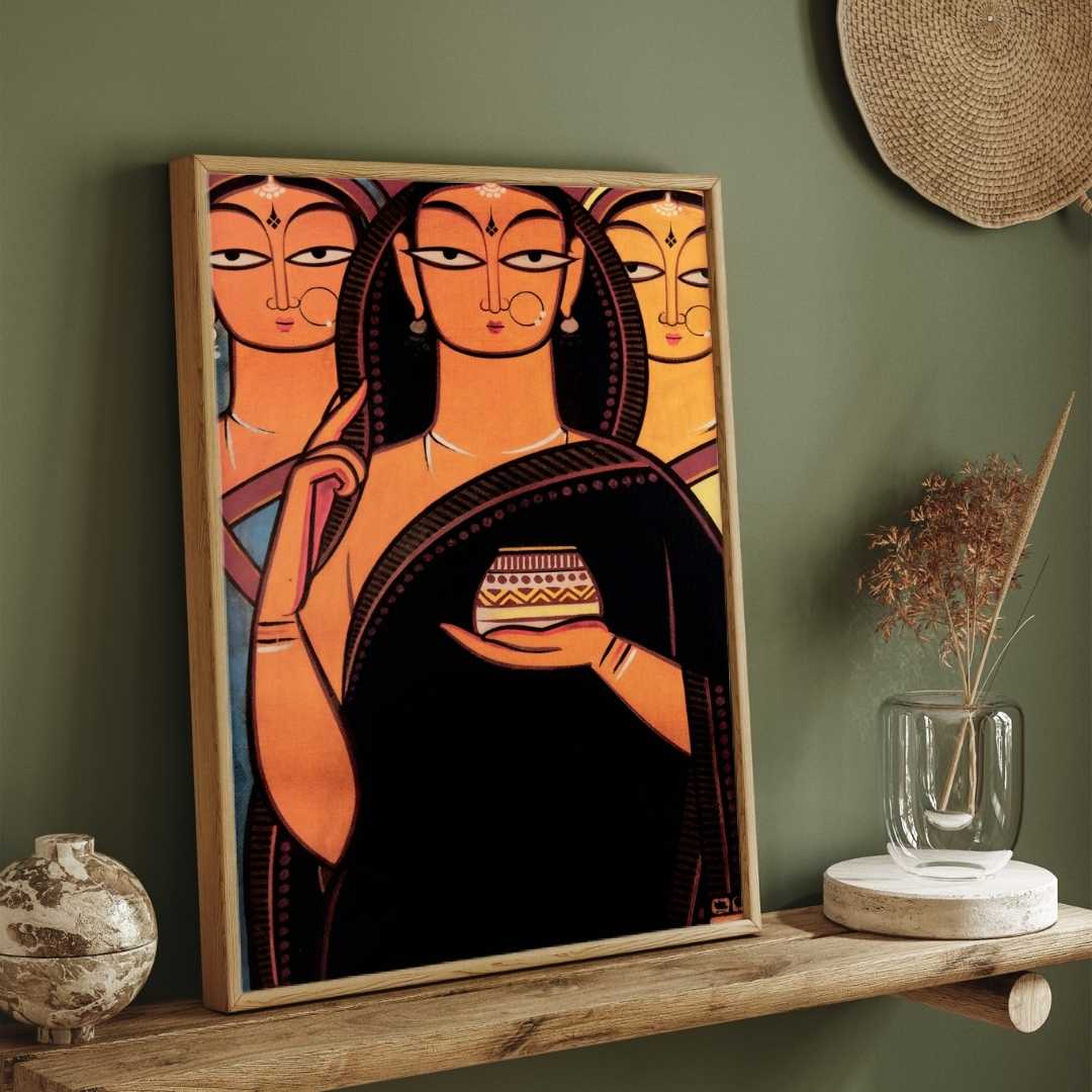 Jamini Roy Style Indian Bride Painting for Living Room | Traditional Folk Art Wall Decor 2 : 3 Vertical Premium Wall Art Canvas by MeriDeewar