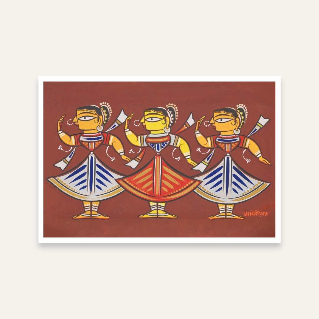 Jamini Roy Three Dancers Painting – Indian Folk Art Wall Art for Living Room | MeriDeewar 3 : 2 Horizontal Premium Wall Art Canvas by MeriDeewar