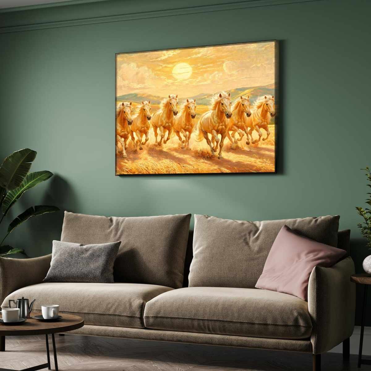 Seven Horse Painting Vastu for Living Room | White Horses Wall Art | Giclée Print 3 : 2 Horizontal Premium Wall Art Canvas by MeriDeewar