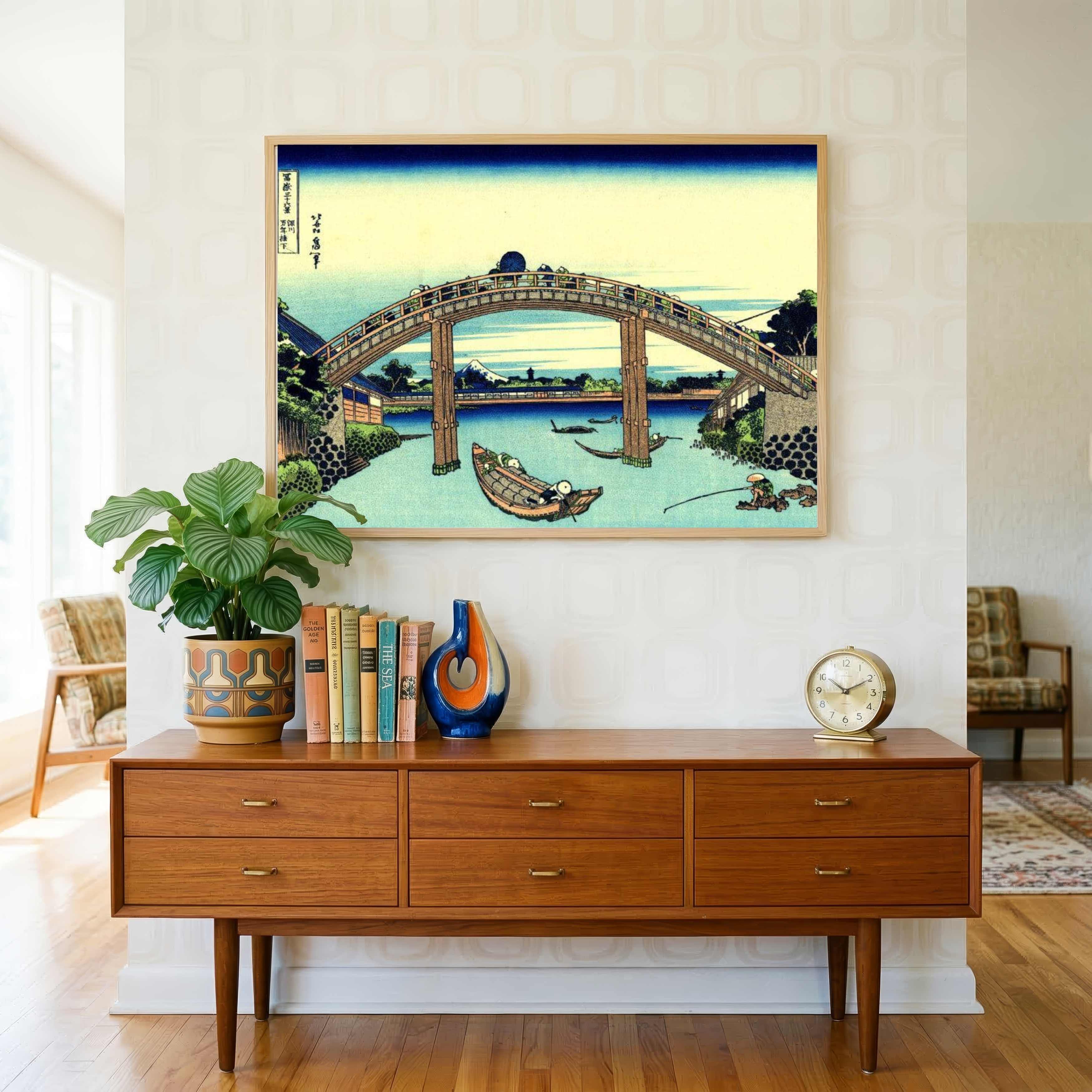 Japanese Bridge Scenery Painting for Living Room | Mount Fuji Wall Art | Hokusai Print 3 : 2 Horizontal Premium Wall Art Canvas by MeriDeewar