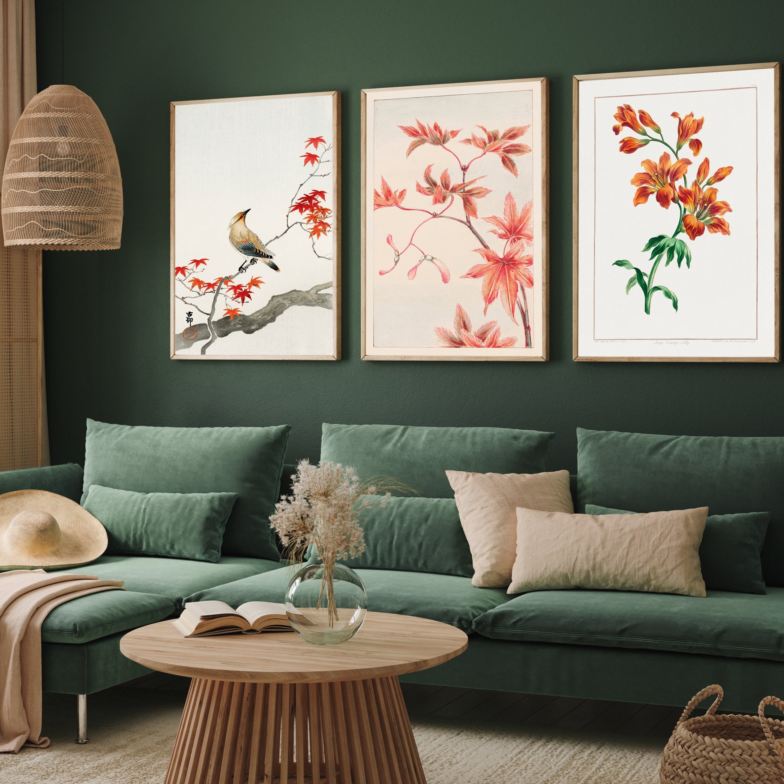 Japanese Flower Set of 3 Paintings Walls Premium Wall Art Canvas by MeriDeewar
