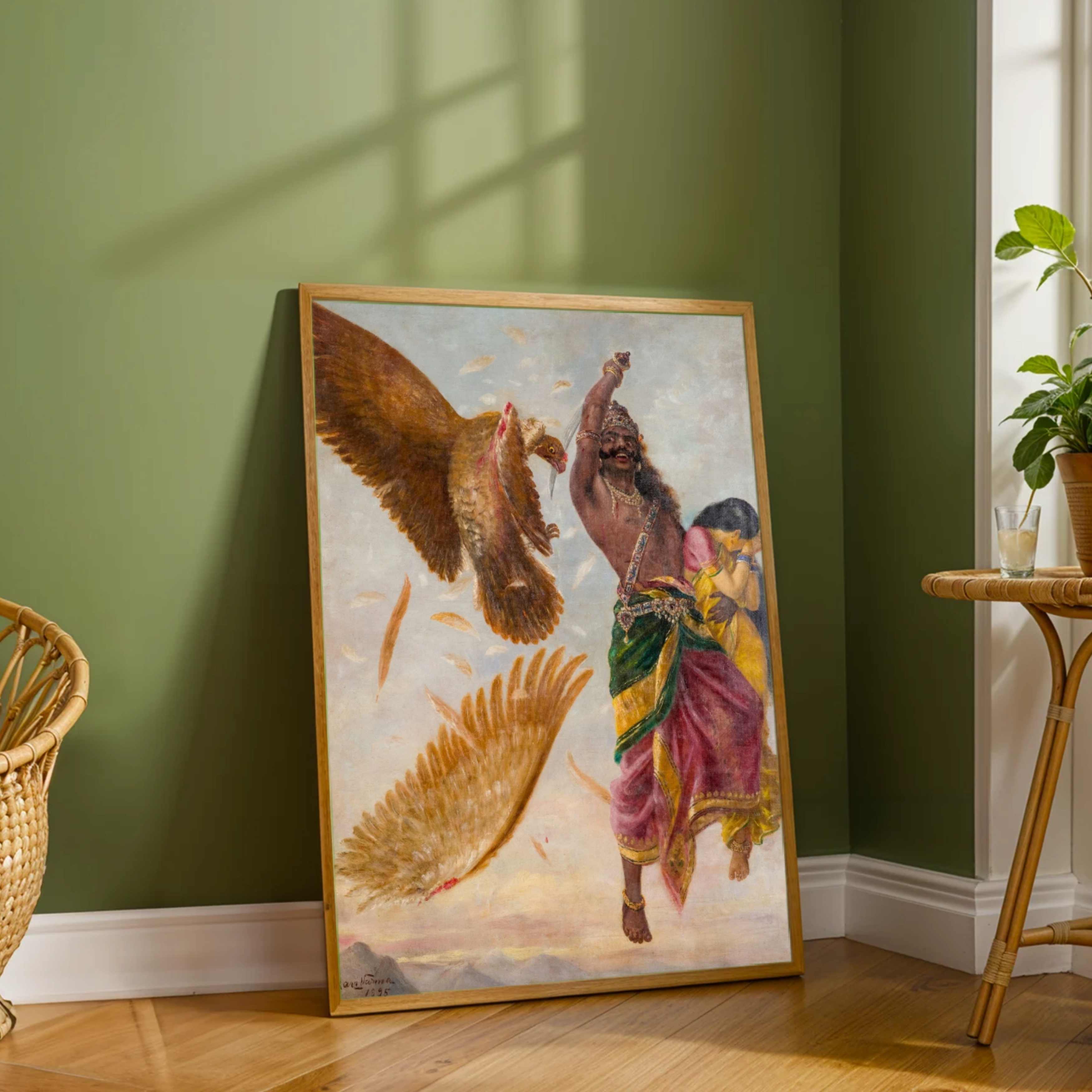 Jatayu Vadha Ramayana Painting by Raja Ravi Varma | Spiritual Wall Art for Home 3 : 4 Vertical Premium Wall Art Canvas by MeriDeewar