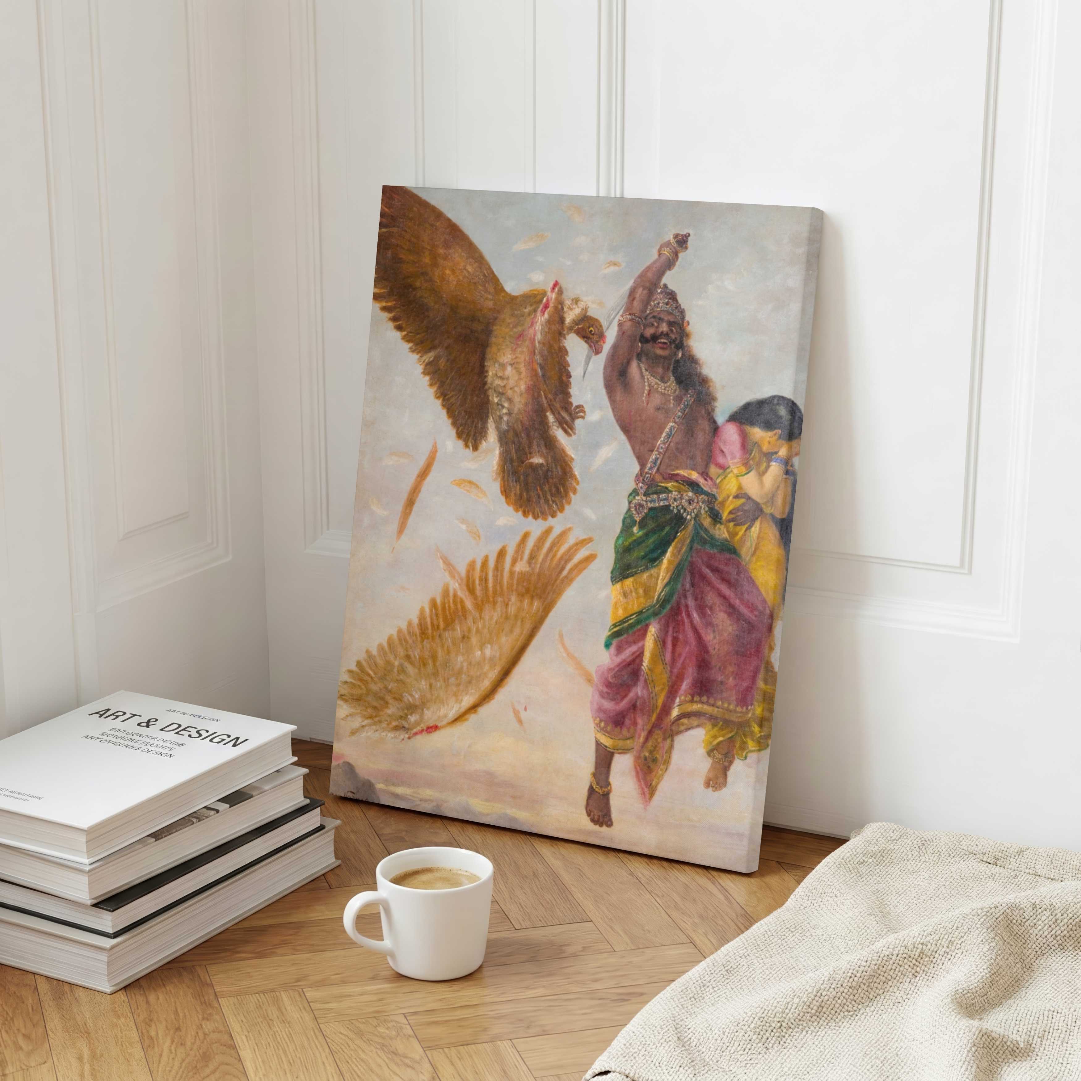 Jatayu Vadha Ramayana Painting by Raja Ravi Varma | Spiritual Wall Art for Home 3 : 4 Vertical Premium Wall Art Canvas by MeriDeewar