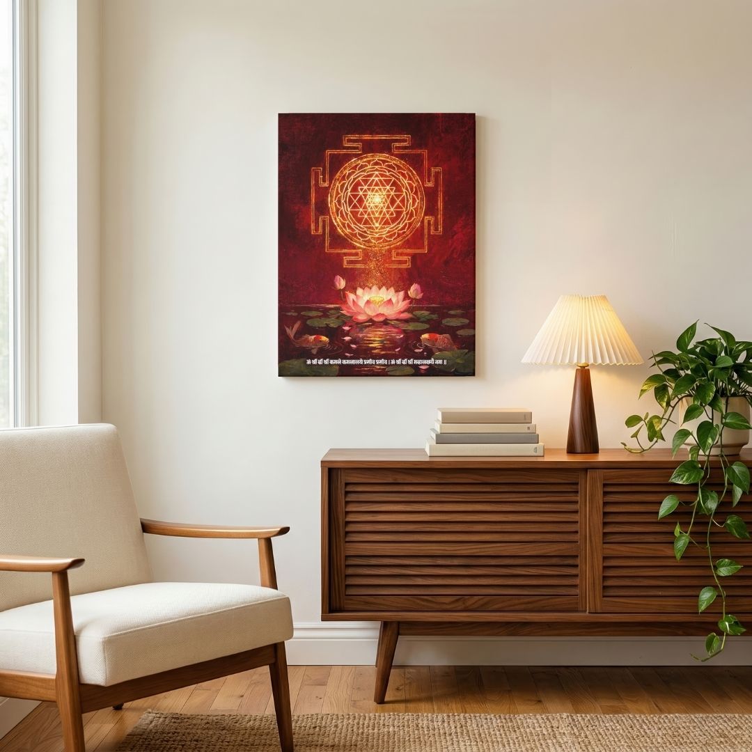 Kamalalaya | Sacred Sri Yantra & Mahalakshmi Mantra Vertical Canvas Art Curate Premium Wall Art Canvas by MeriDeewar