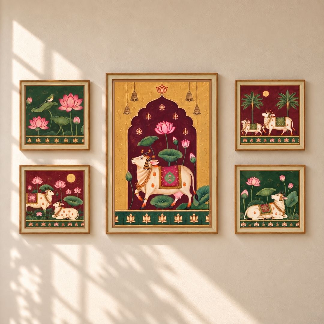 Kamalika | Pichwai Sacred Cow Indian Heritage Set of 5 Framed Art Curate Premium Wall Art Canvas by MeriDeewar