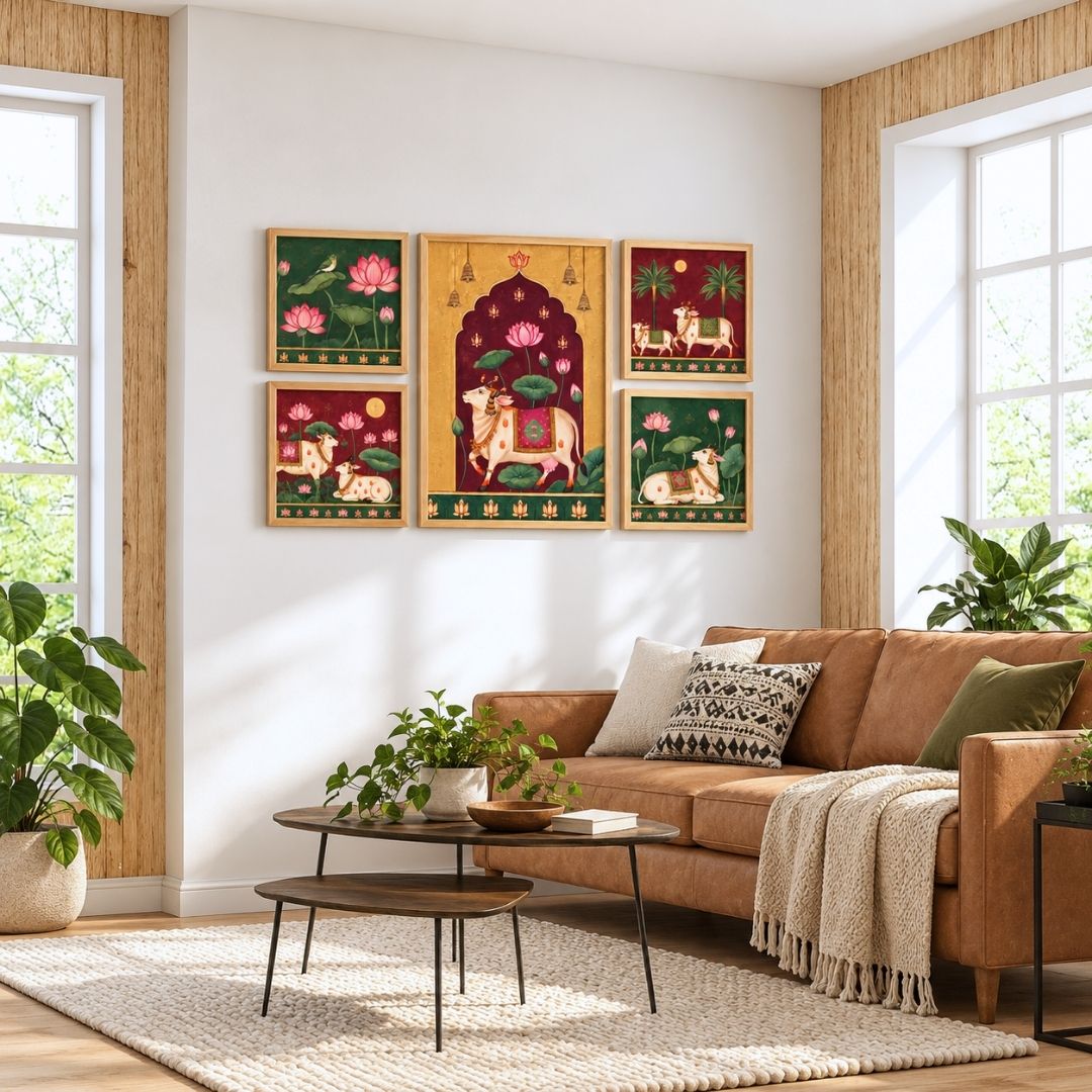 Kamalika | Pichwai Sacred Cow Indian Heritage Set of 5 Framed Art Curate Premium Wall Art Canvas by MeriDeewar
