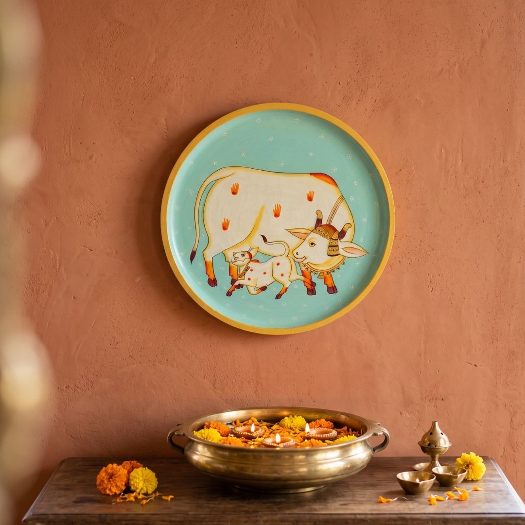 Kamdhenu & Vatsa | Hand-Painted Pichwai Cow Wall Art Curate Premium Wall Art Canvas by MeriDeewar
