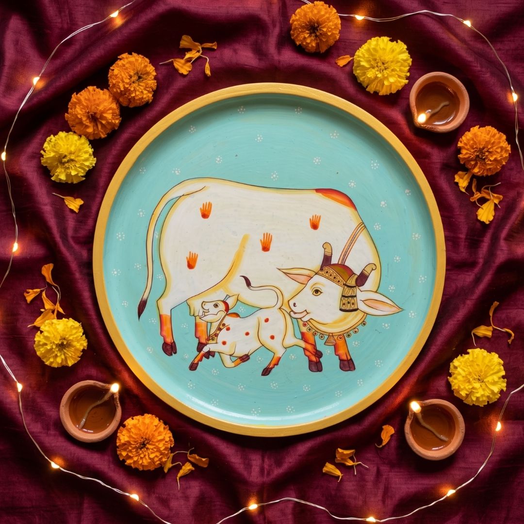 Kamdhenu & Vatsa | Hand-Painted Pichwai Cow Wall Art Curate Premium Wall Art Canvas by MeriDeewar