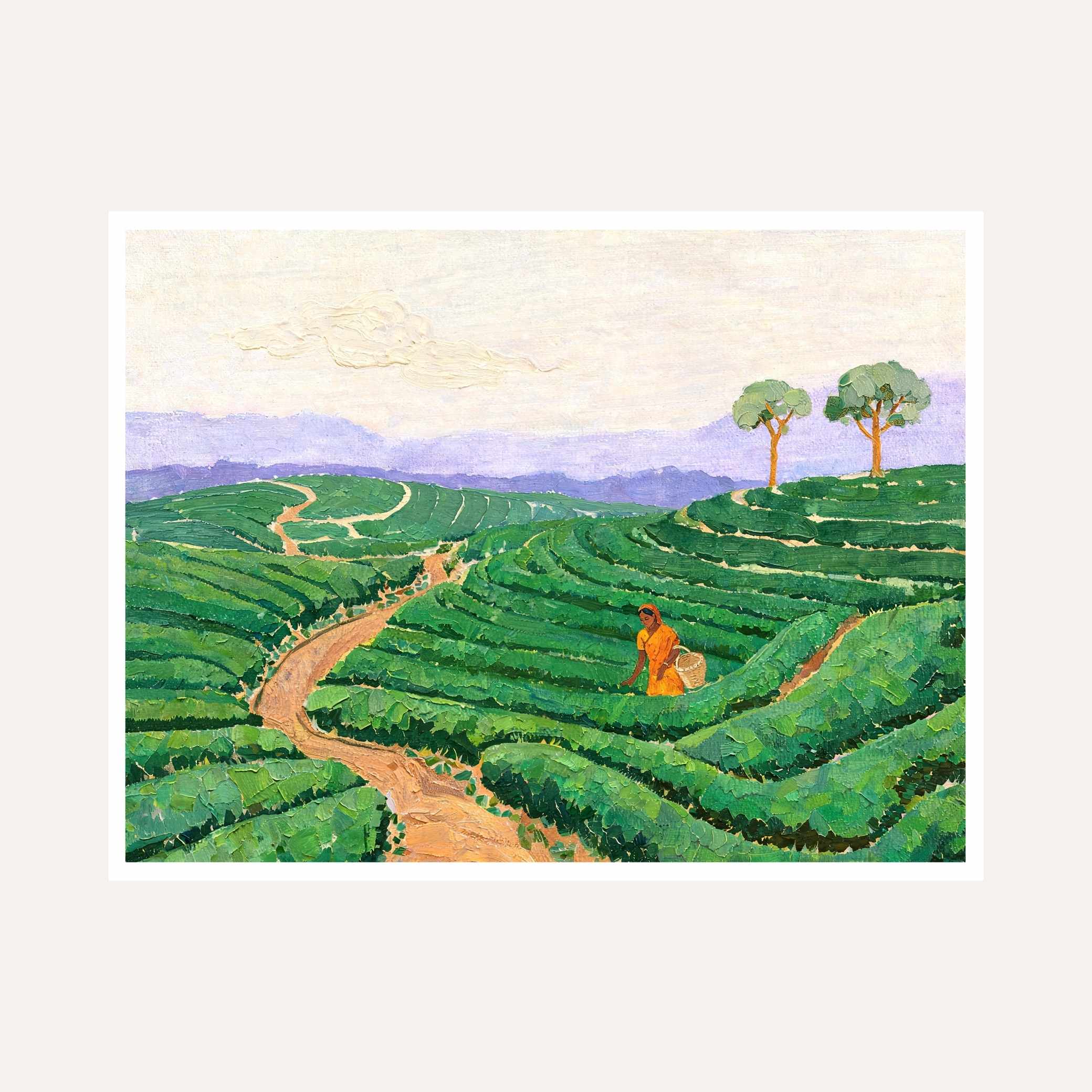 "Kerala Hillside Harvest" Tea Garden Landscape Giclée Print | Fine Art Wall Art 2 : 3 Horizontal Premium Wall Art Canvas by MeriDeewar